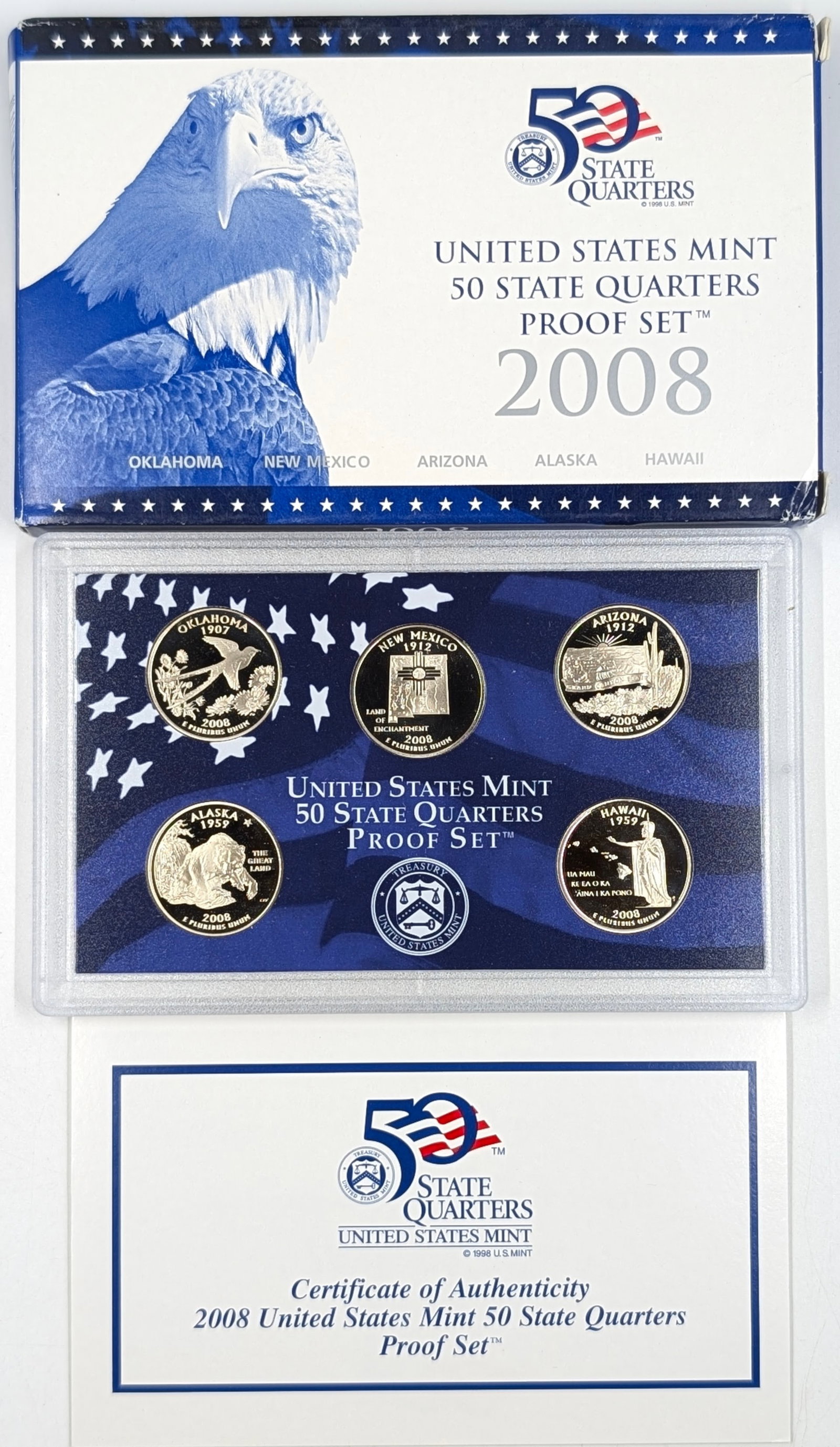 2008 US Mint 50 State Quarters Proof Set w/ COA - OK, NM, AZ, AL, HI: Coin