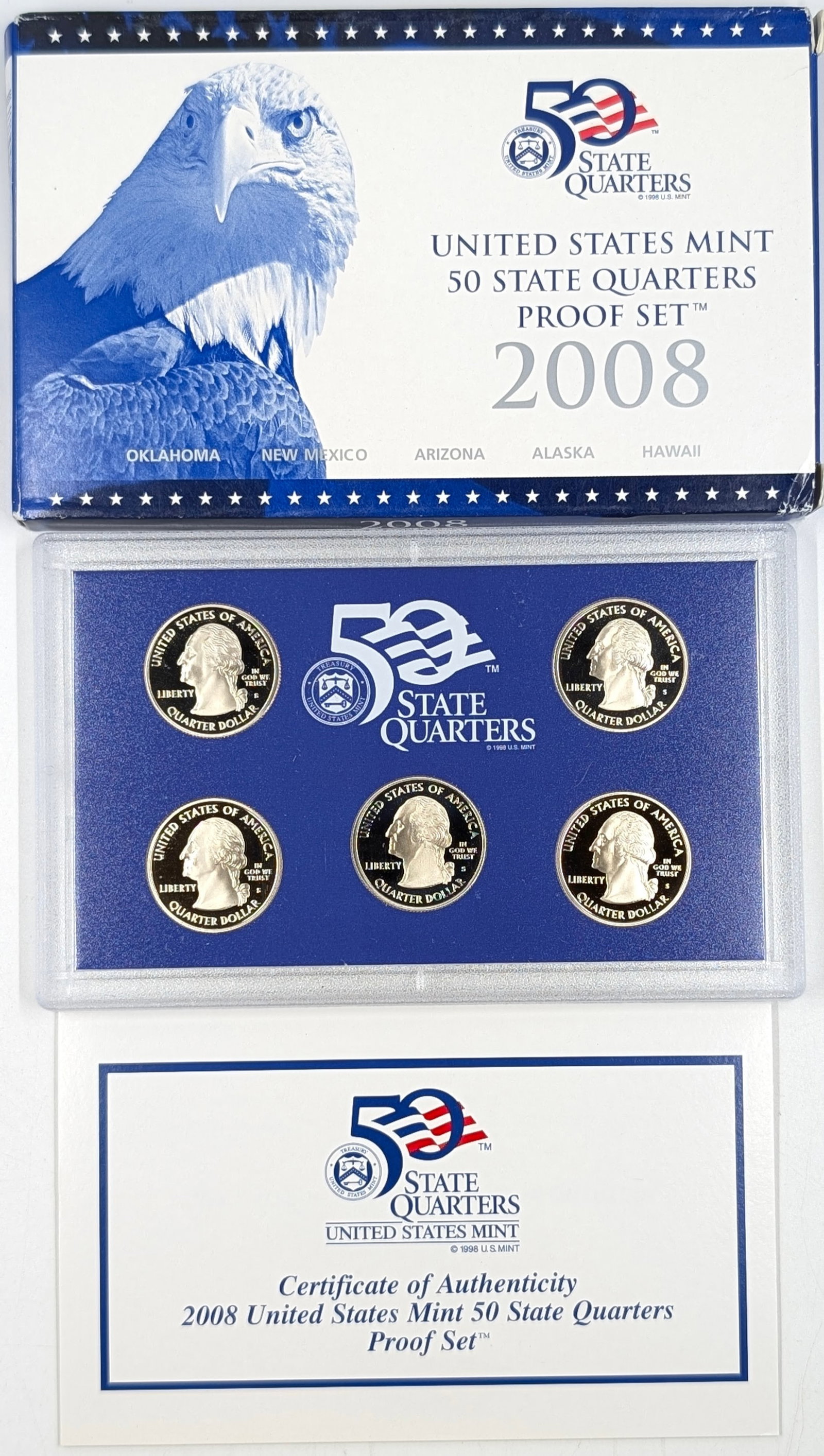 2008 US Mint 50 State Quarters Proof Set w/ COA - OK, NM, AZ, AL, HI - 2