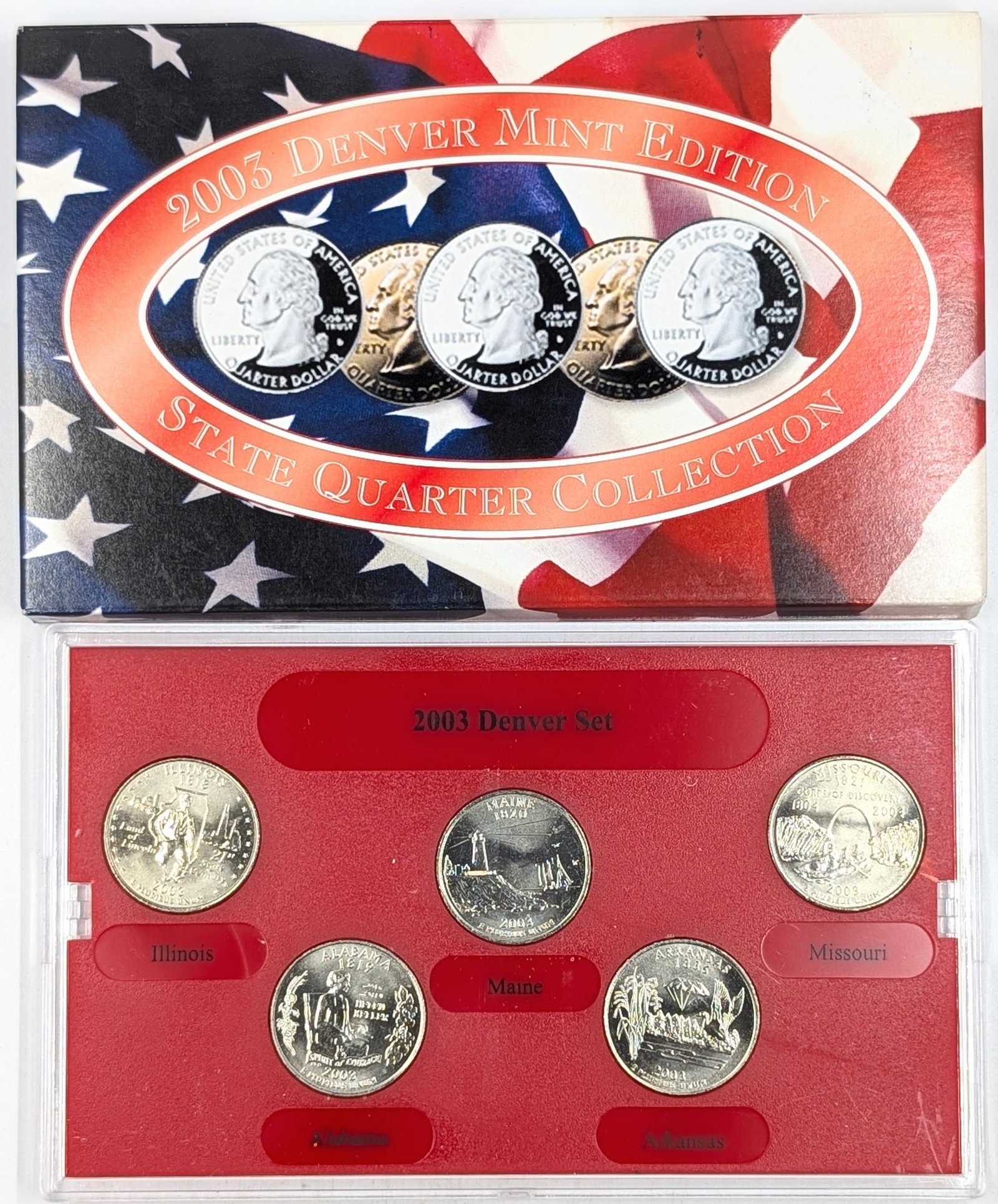 2003-D Denver Mint Edition State Quarter Collection w/ COA - IL, AL, ME, AK, MO: Coin