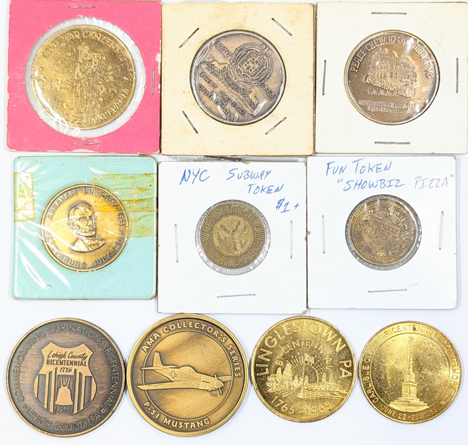 Lot of 10 Commemorative Tokens - Lincoln, Pennsylvania, etc.: Tokens