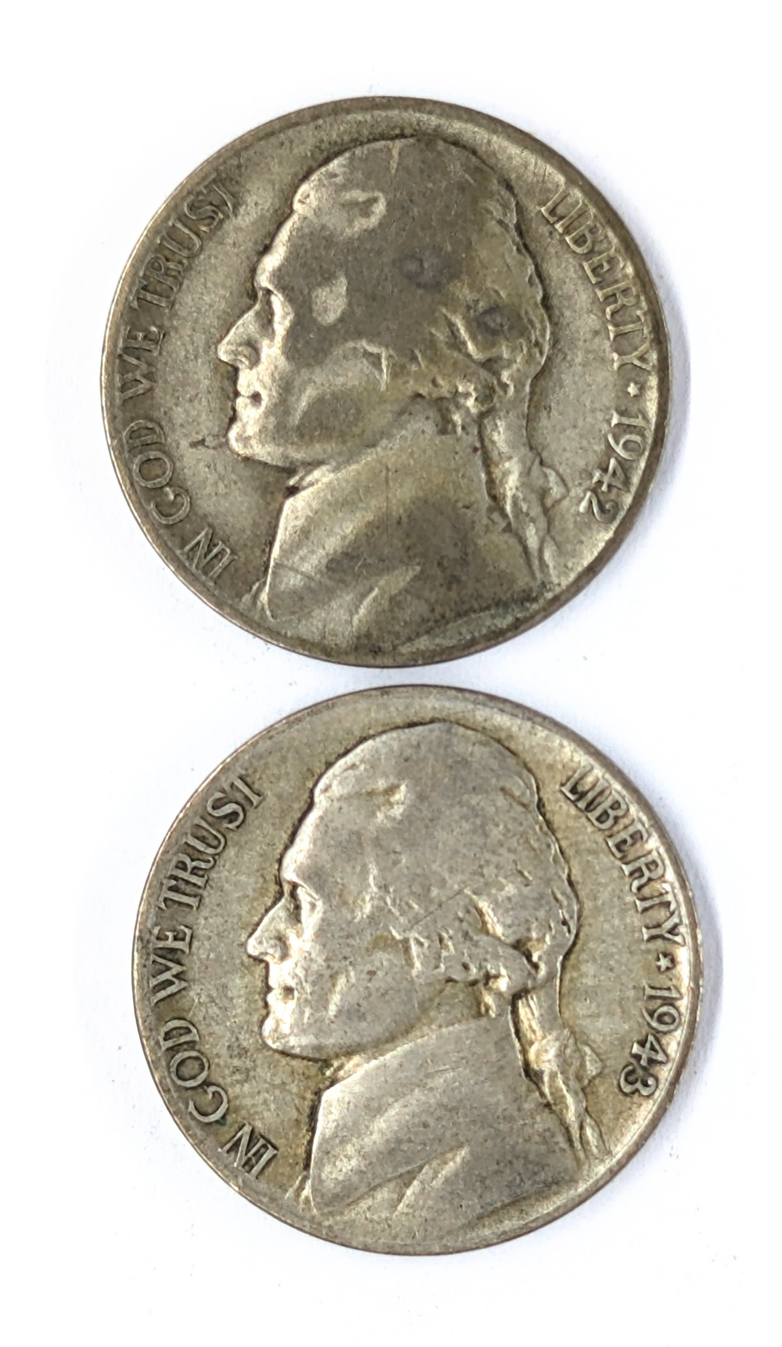 Lot of 2 Silver War Nickels - 1942-P, 1943-P (1 of 2)