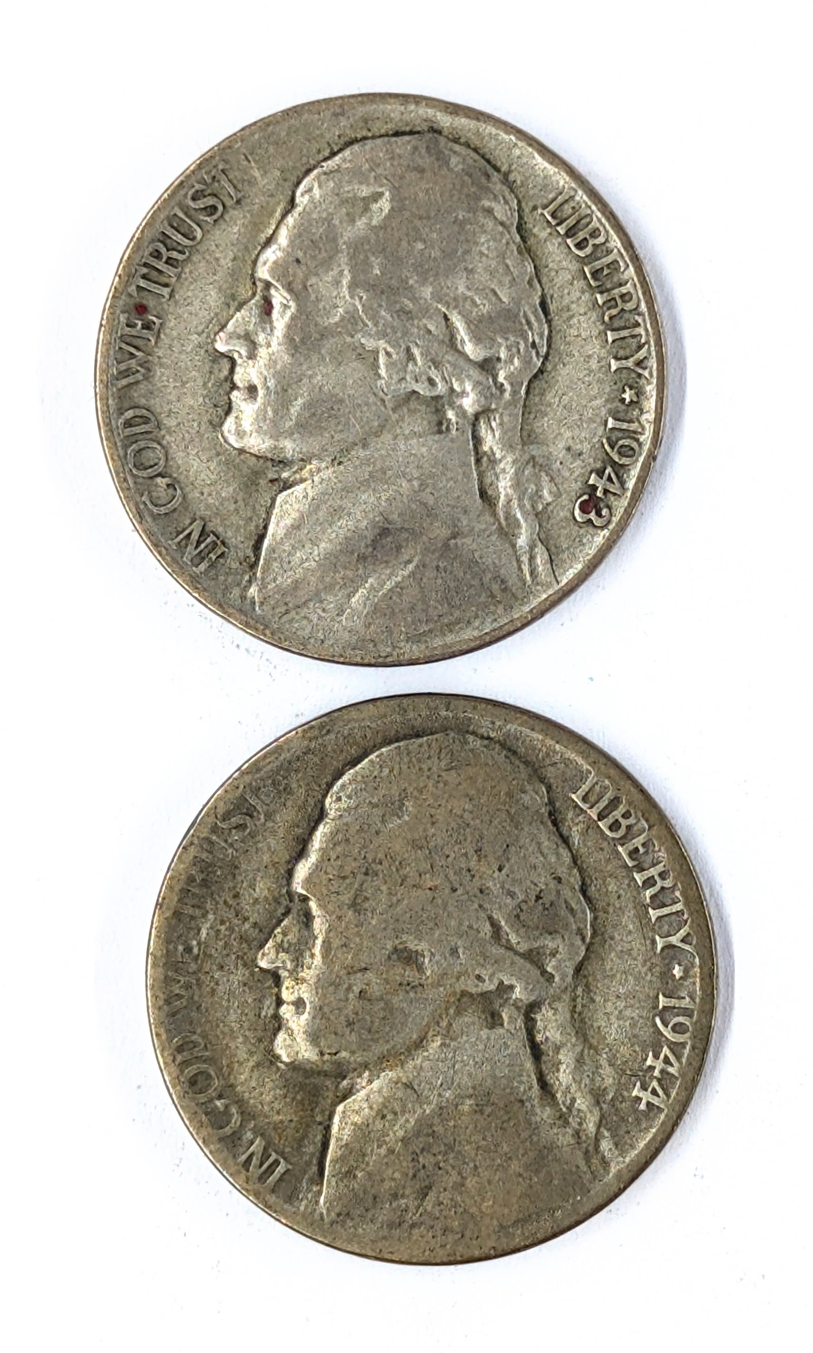 Lot of 2 Silver War Nickels - 1943-P, 1944-P (1 of 2)