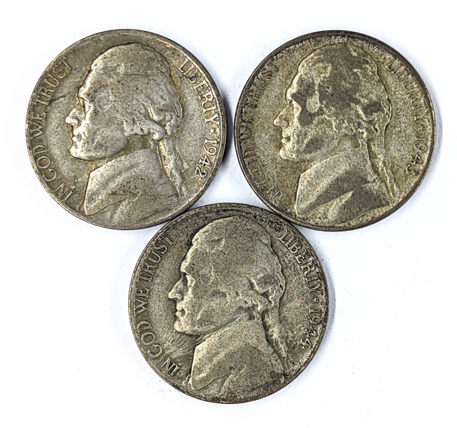 Lot of 3 Silver War Nickels - 1942-S, 1943-S, 1944-S (1 of 2)