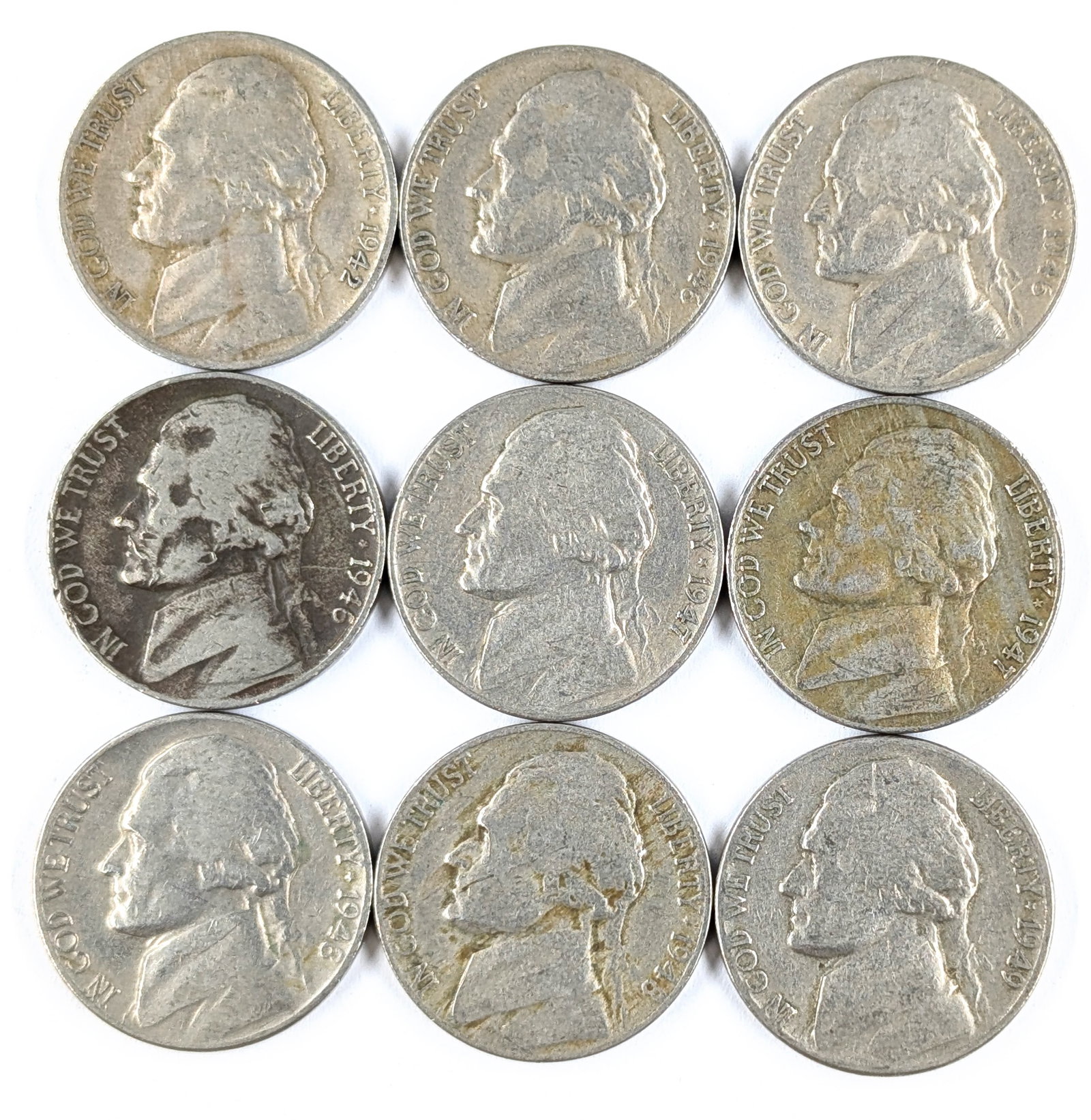 Lot of 9 Jefferson Nickels - 1942-1949 (1 of 2)
