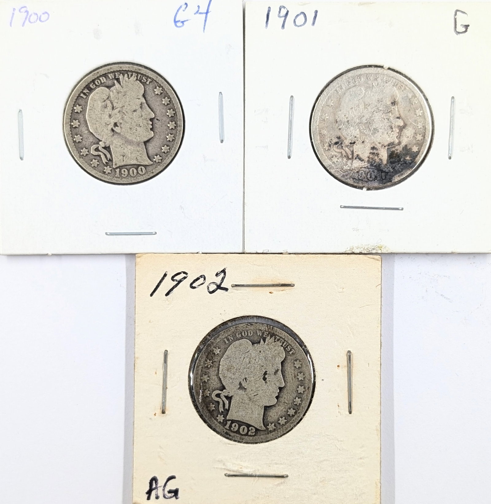 Lot of 2 Silver Barber Quarters - 1900, 1901, 1902: Silver