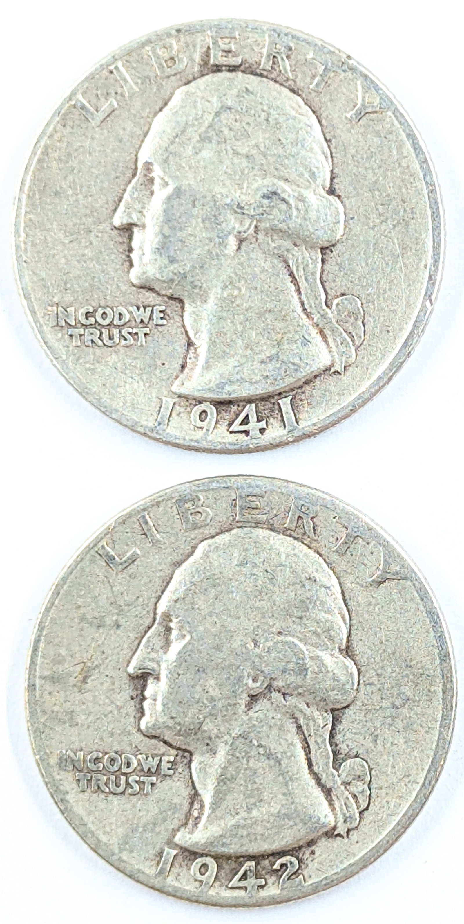 Lot of 2 Silver Washington Quarters - 1941, 1942: Silver