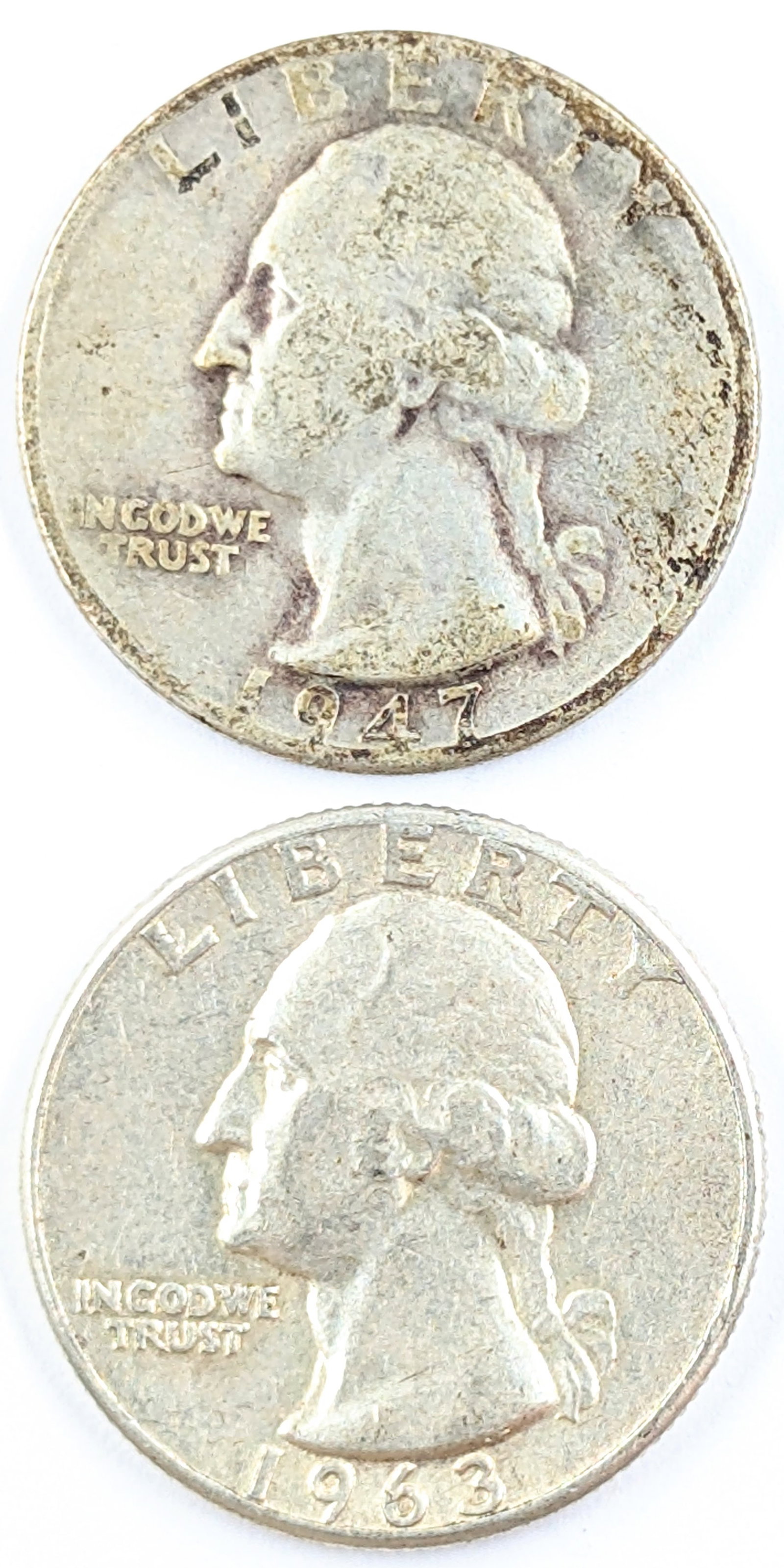 Lot of 2 Silver Washington Quarters - 1947-D, 1963: Silver