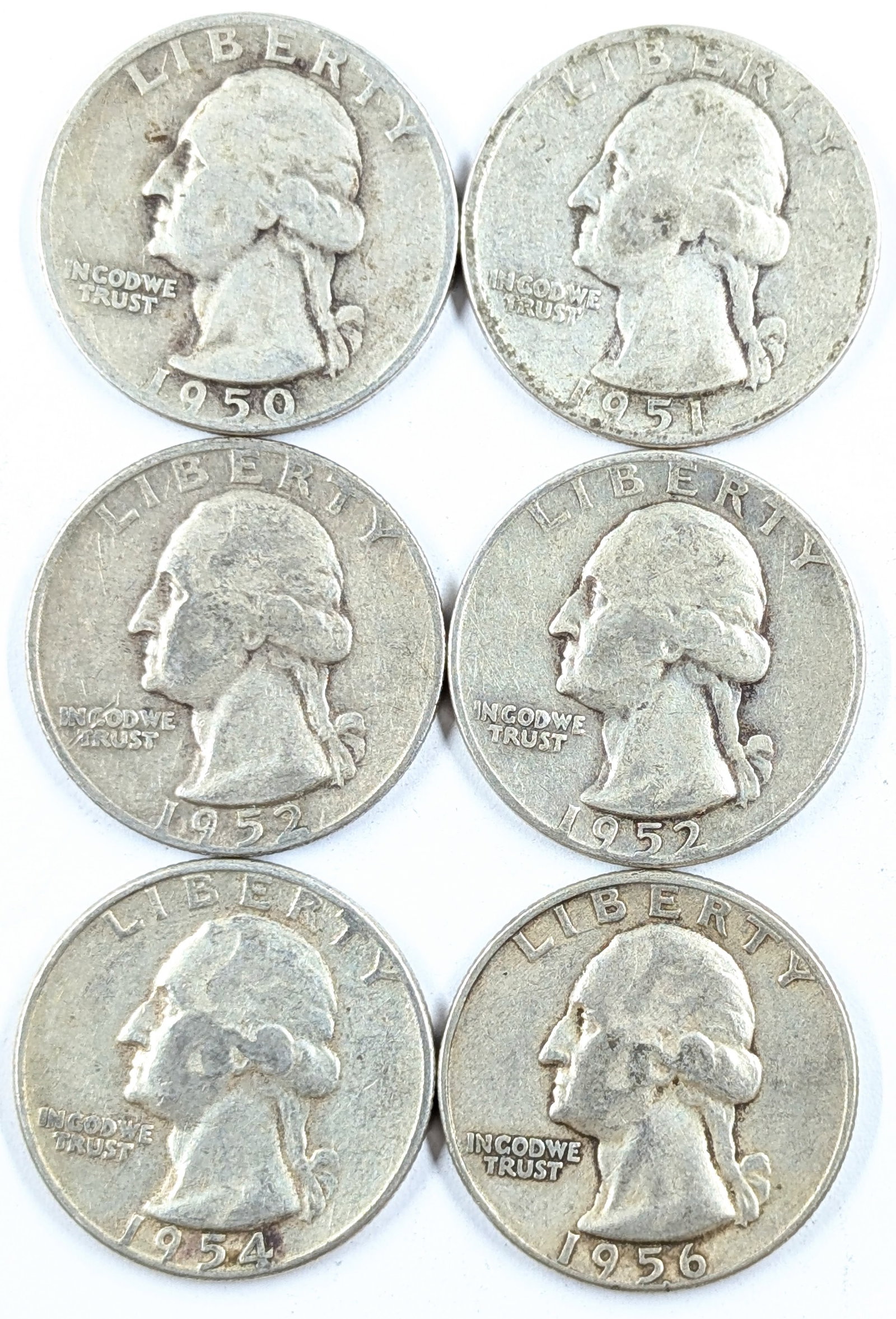 Lot of 6 Silver Washington Quarters - 1950s: Silver