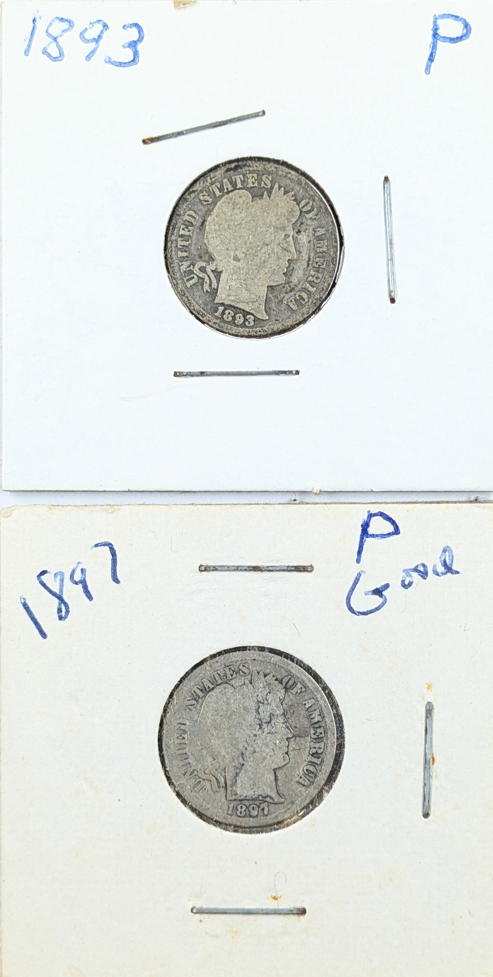 Lot of 2 Silver Barber Dimes - 1893, 1897: Silver