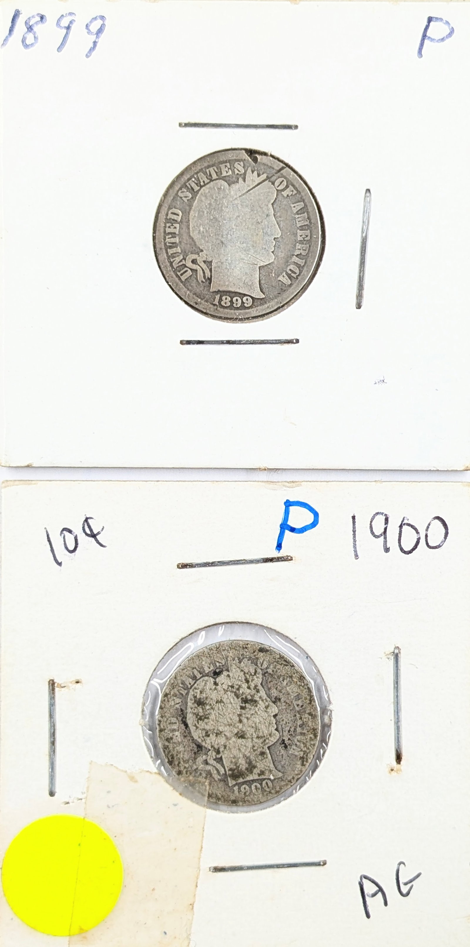 Lot of 2 Silver Barber Dimes - 1899, 1900: Silver