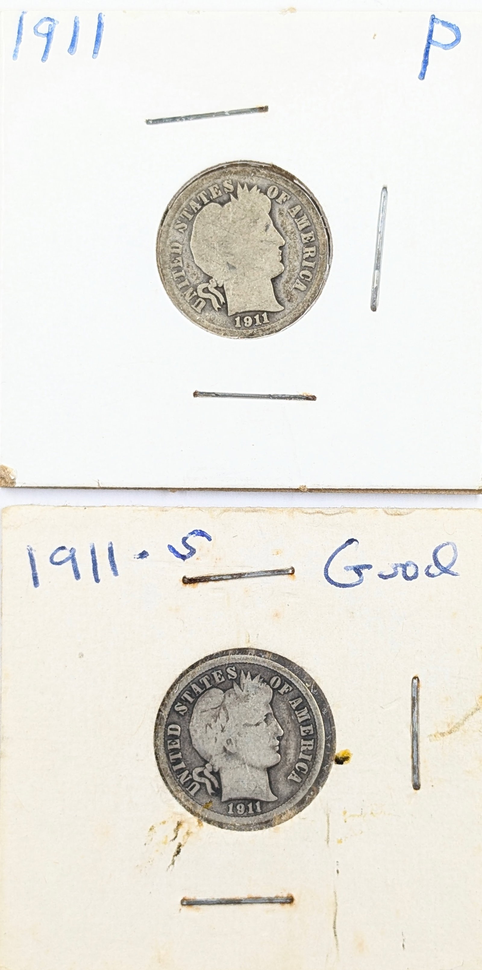 Lot of 2 Silver Barber Dimes - 1911 P/S: Silver
