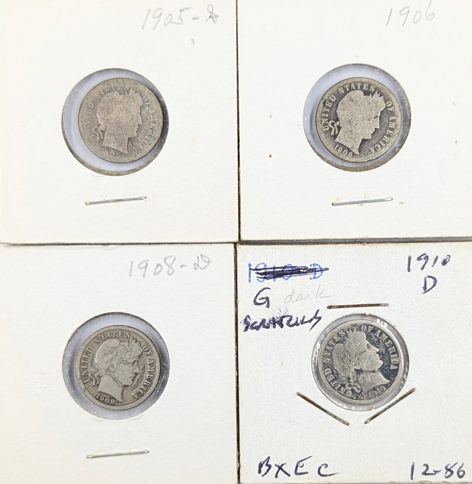 Lot of 4 Silver Barber Dimes - 1905-1910: Silver