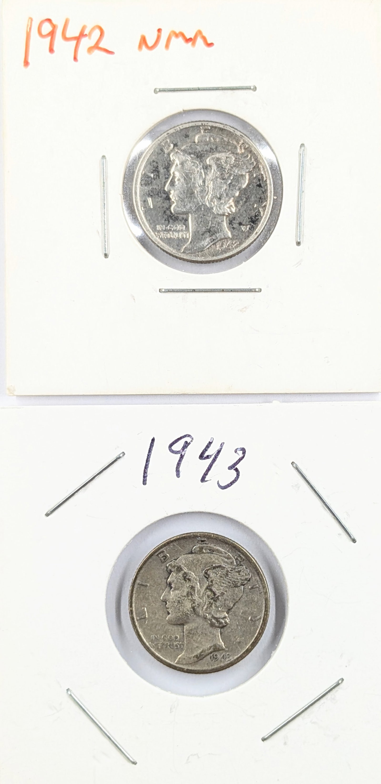 Lot of 2 Silver Mercury Dimes - 1942, 1943: Silver