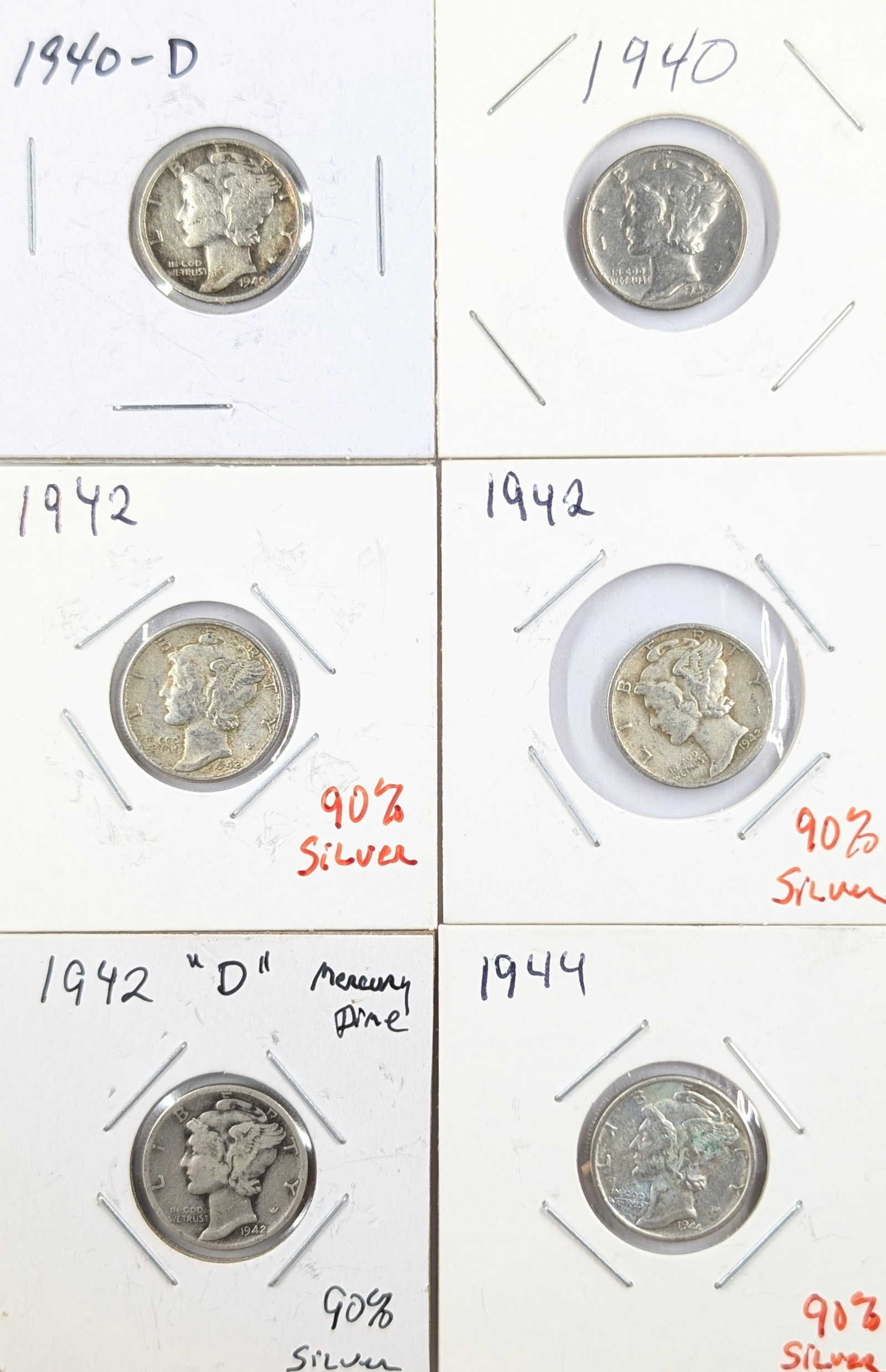 Lot of 6 Silver Mercury Dimes - 1940-1944: Silver