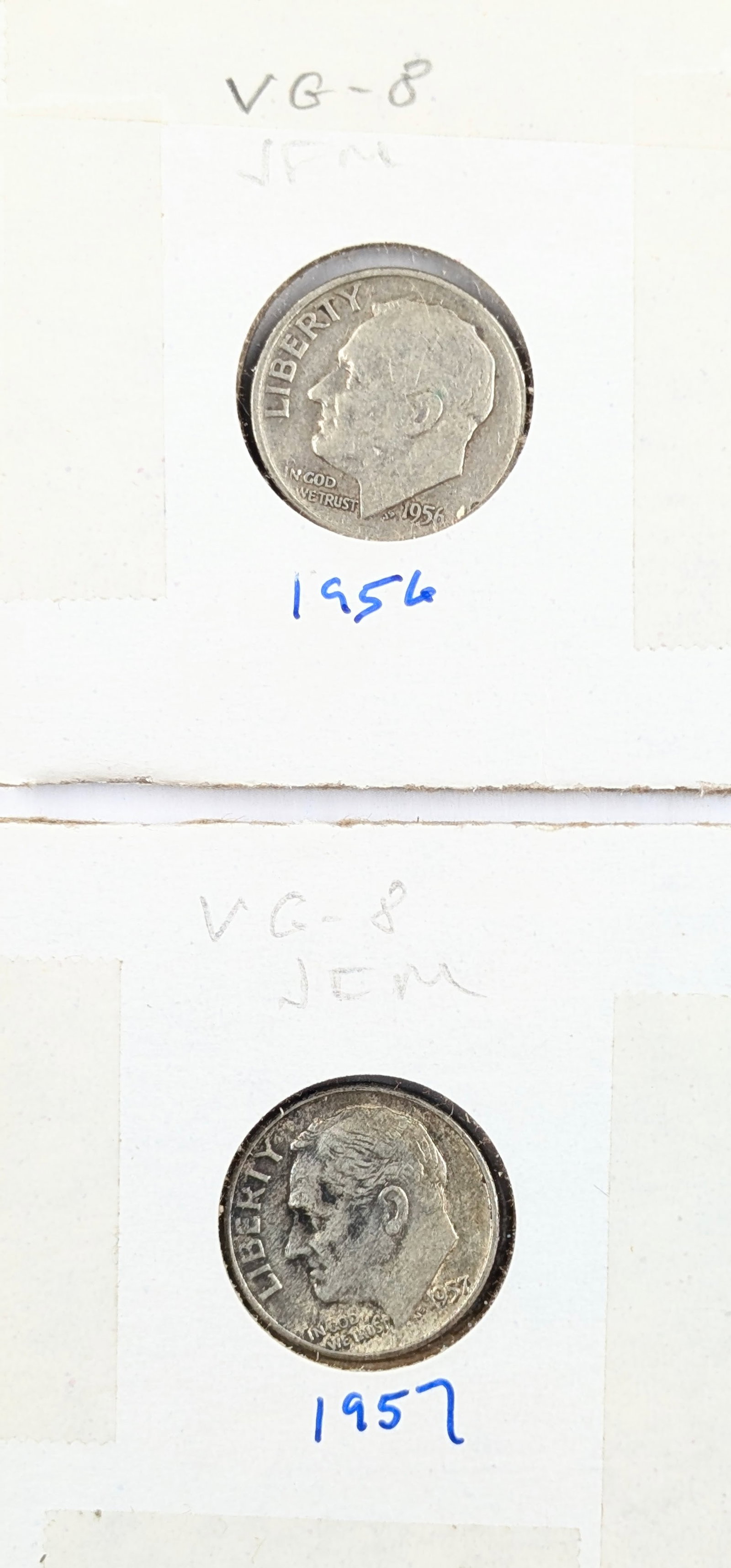 Lot of 2 Silver Roosevelt Dimes - 1956-D, 1957: Silver