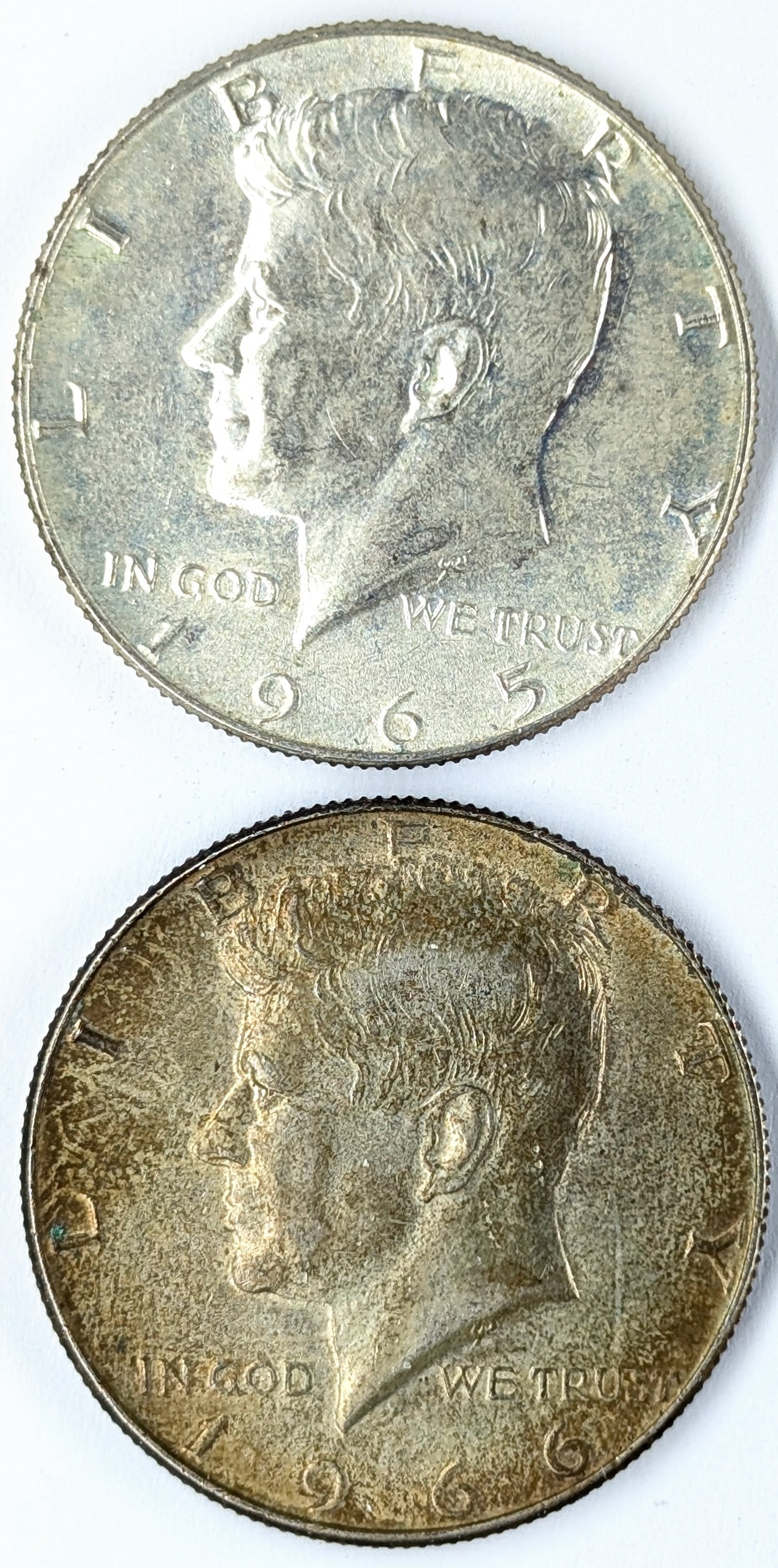 Lot of 2 Silver John F Kennedy Half Dollars- 1965, 1966: 40% Silver 1965- Uncirculated 1966 -Toned