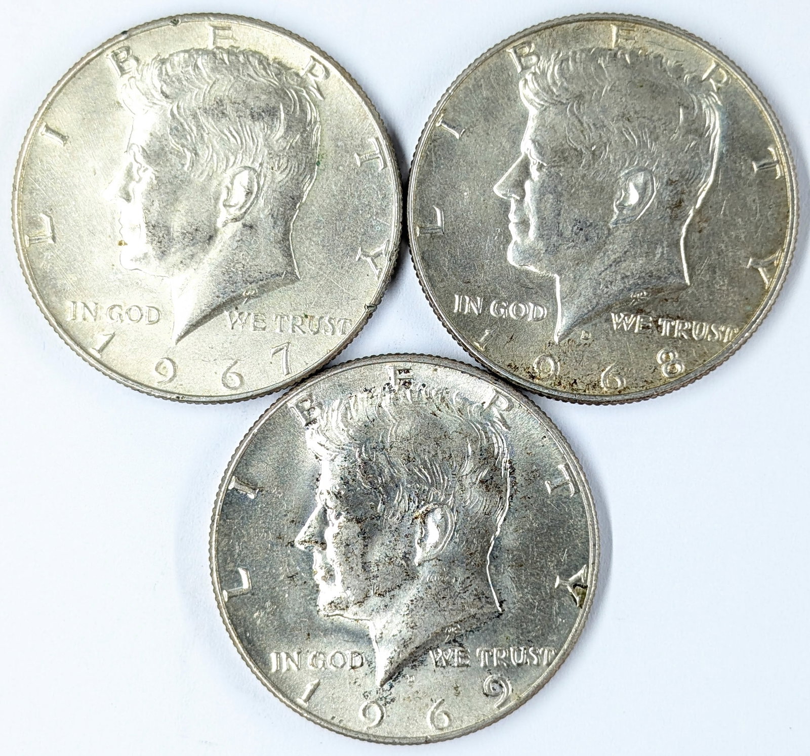 Lot of 3 Silver John F Kennedy Half Dollars-1967, 1968, 1969 (1 of 2)