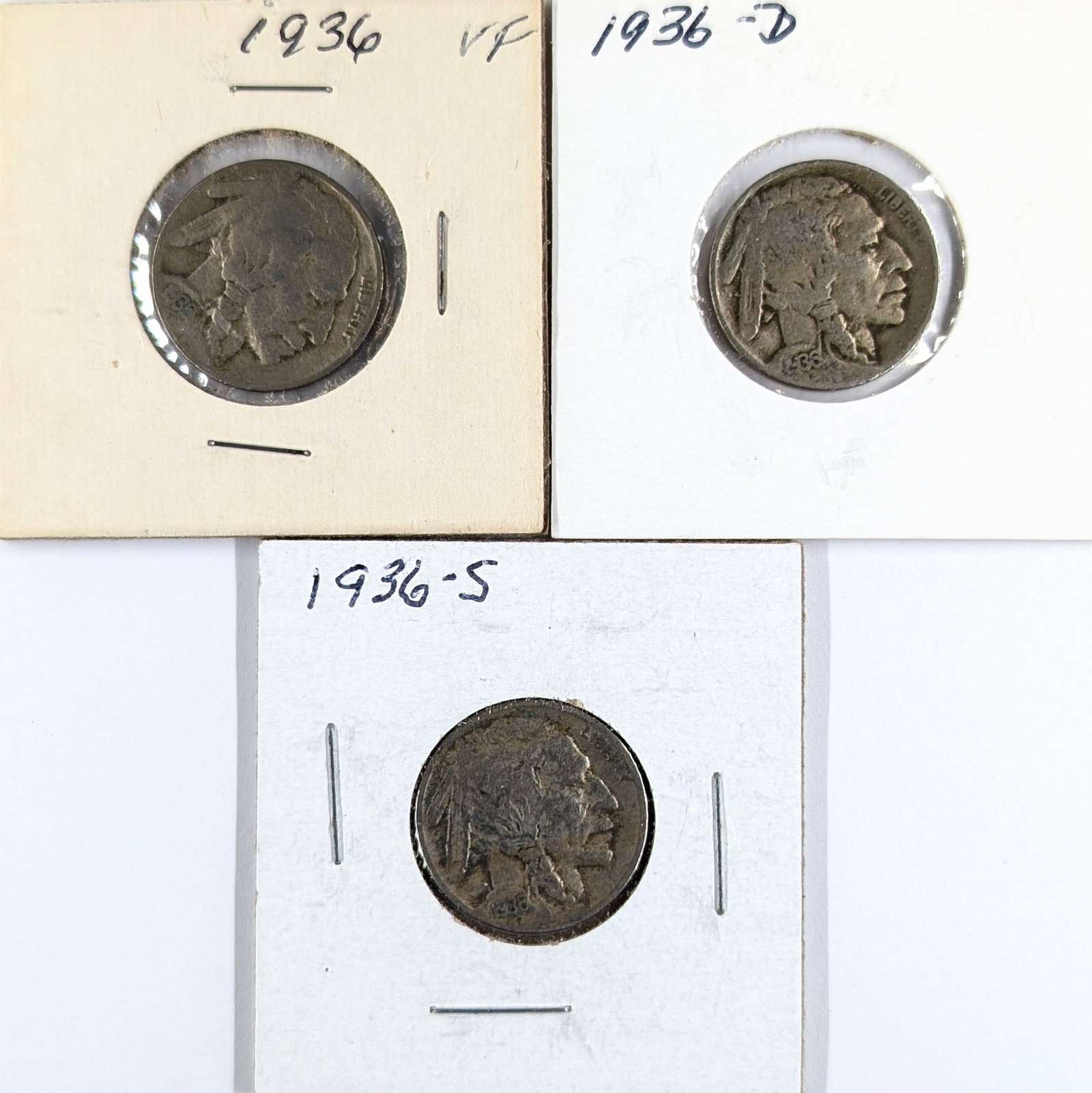 Lot of 3 Buffalo Head Nickels- 1936 P/D/S: _