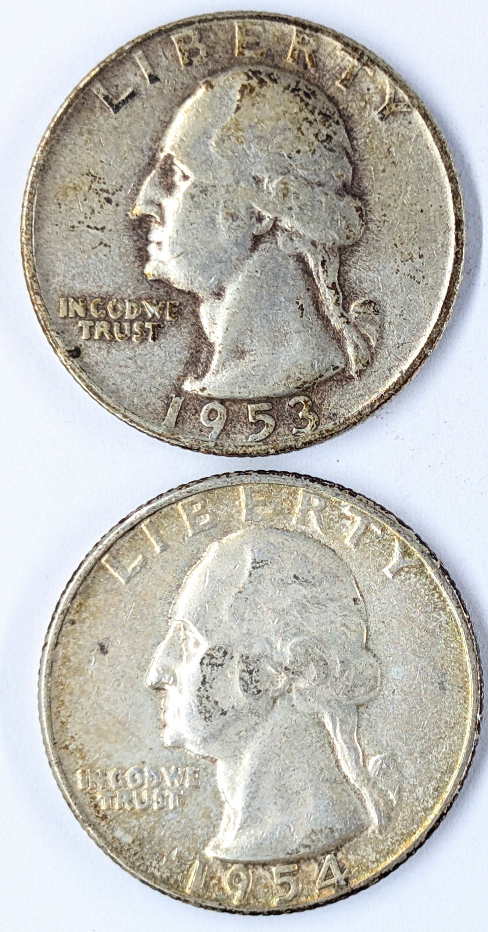 Lot of 2 Silver Washington Quarters- 1953-S, 1954: _