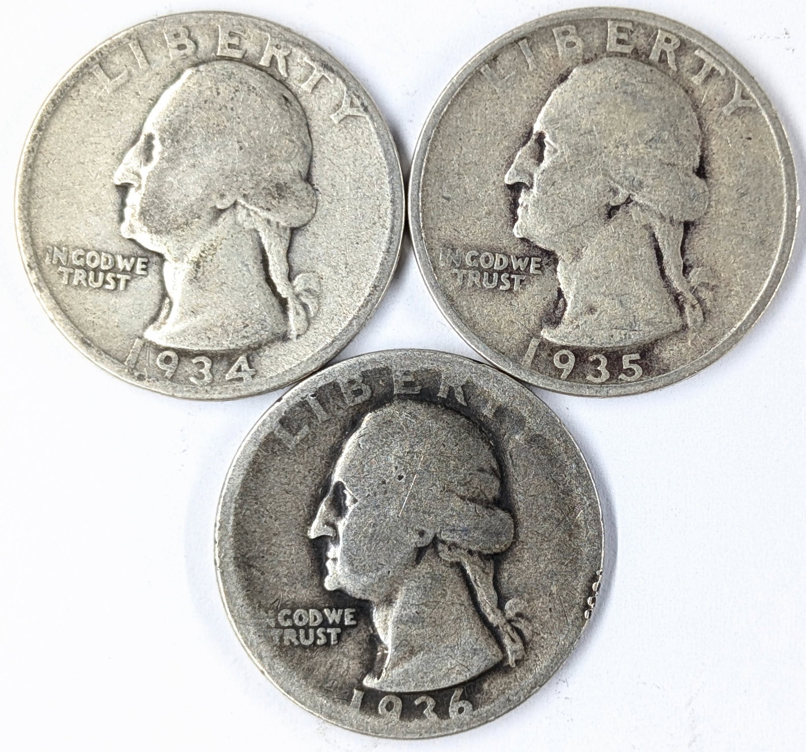 Lot of 3 Silver Washington Quarters- 1934, 1935, 1936: _