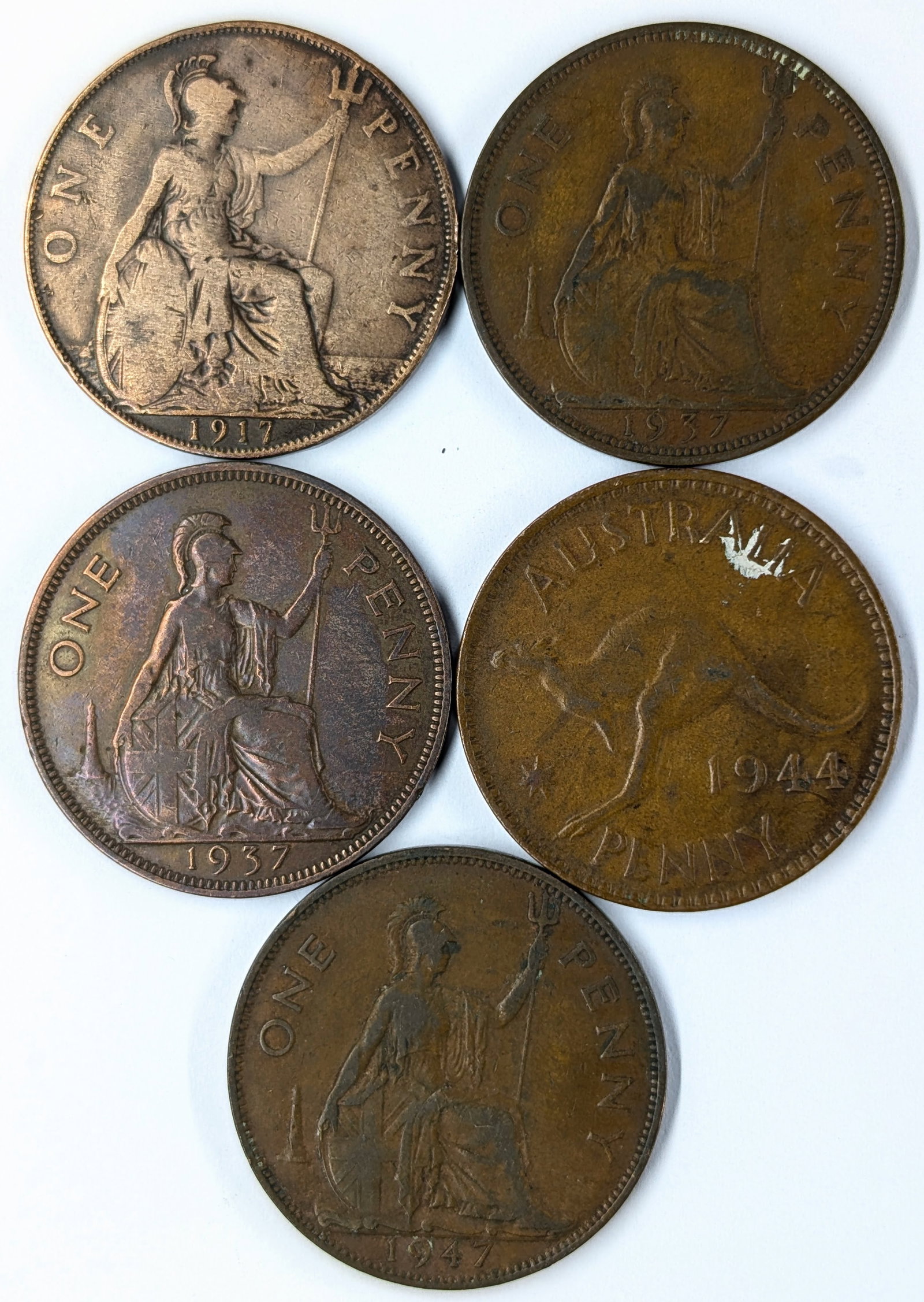 Lot of 5 Great Britain One Pennies- 1917- 1947: _