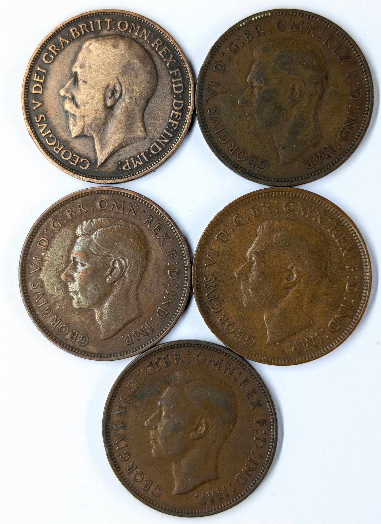 Lot of 5 Great Britain One Pennies- 1917- 1947 - 2