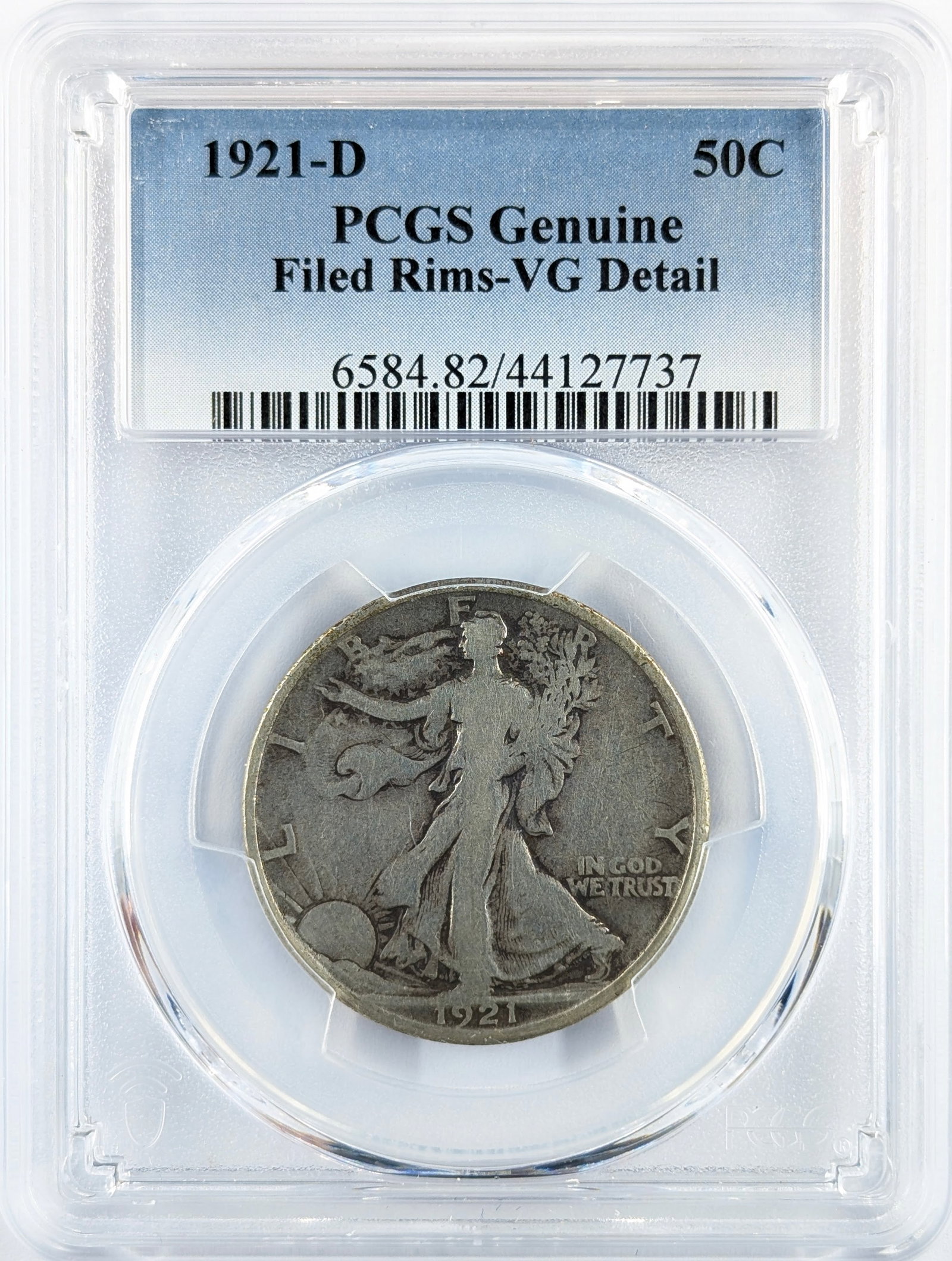 FEATURE- PCGS Genuine 1921-D Silver Walking Liberty Half Dollar- KEY Date!: Offering one of the most coveted "Big Three" keys in the Walking Liberty Half Dollar series: 1921-D. With a meager mintage of only 208,000, this issue stands as a pillar of scarcity for any serious
