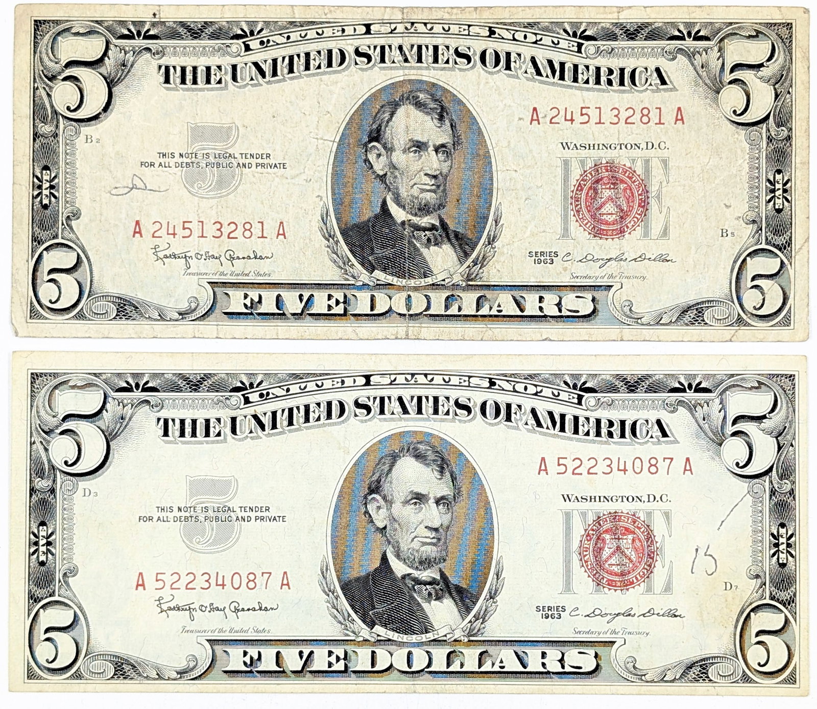 Lot of 2- 1963 $5 Notes - Red Seals: Circulated Condition