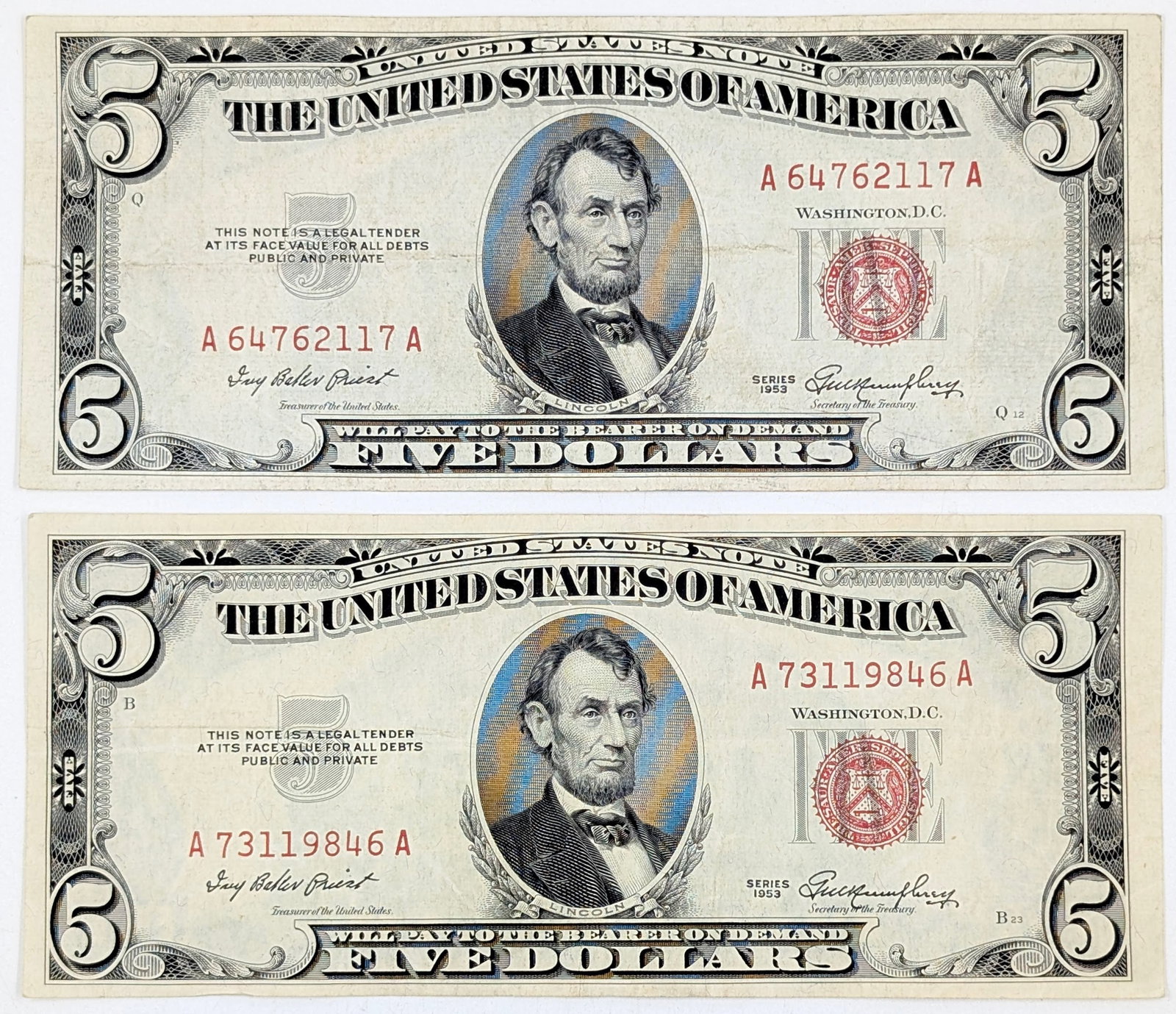Lot of 2- 1953 $5 Notes - Red Seals: Circulated Condition