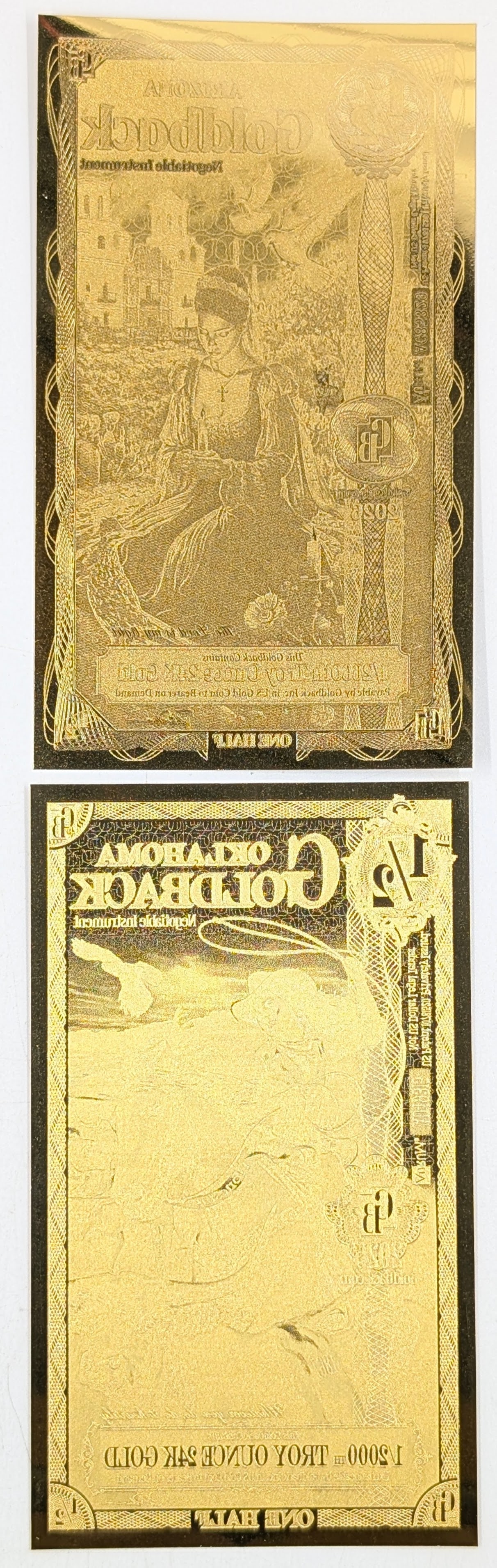 Lot of 2 - 2025/2026 1/2 Arizona & Oklahoma Goldbacks 1/2000th Troy Ounce 24K Gold each - 2