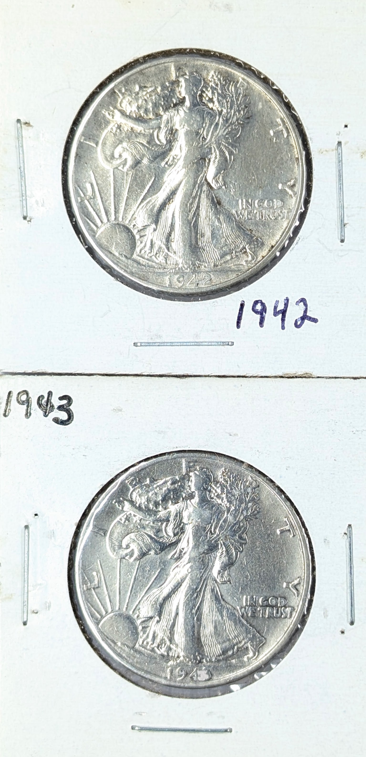 Lot of 2 Silver Walking Liberty Half Dollars- 1942, 1943: _