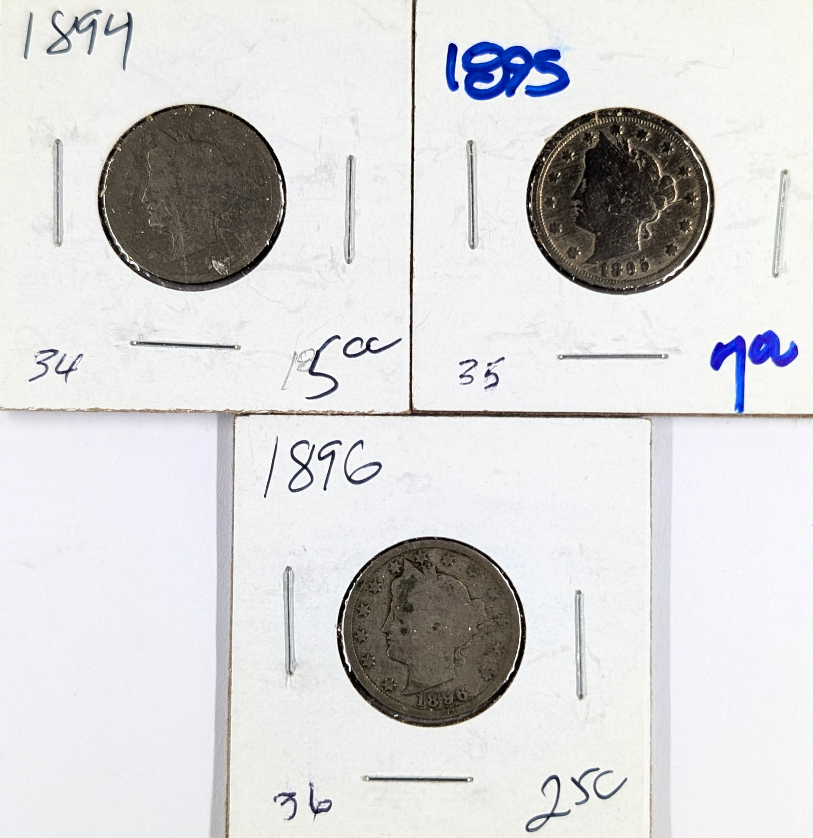 Lot of 3 Buffalo Head Nickels- 1894, 1895, 1896: _