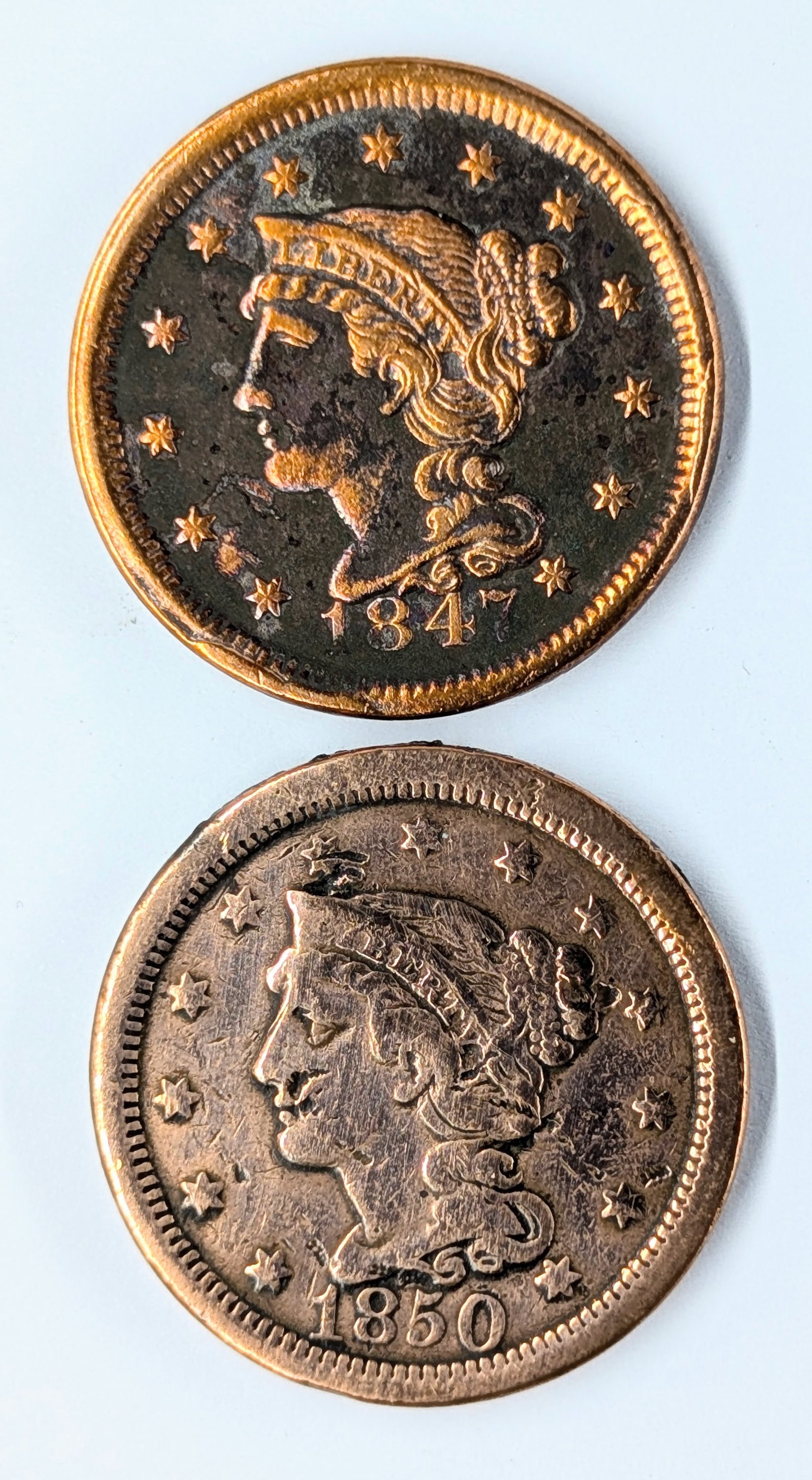 Lot of 2 Large Cents-1847, 1850: _