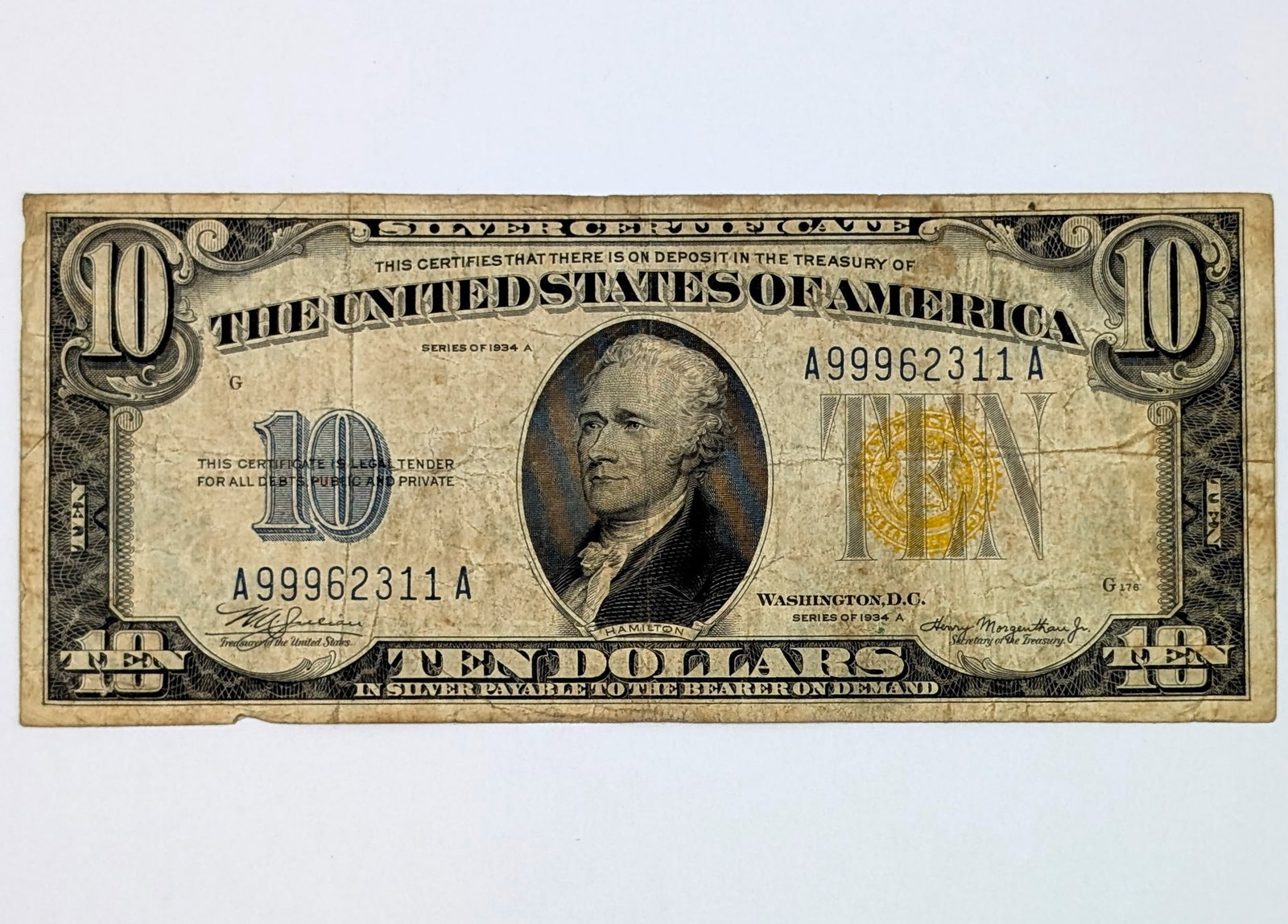 1934 A $10 Note - Gold Seal- Three Digit Repeater! 99962311: Circulated Condition
