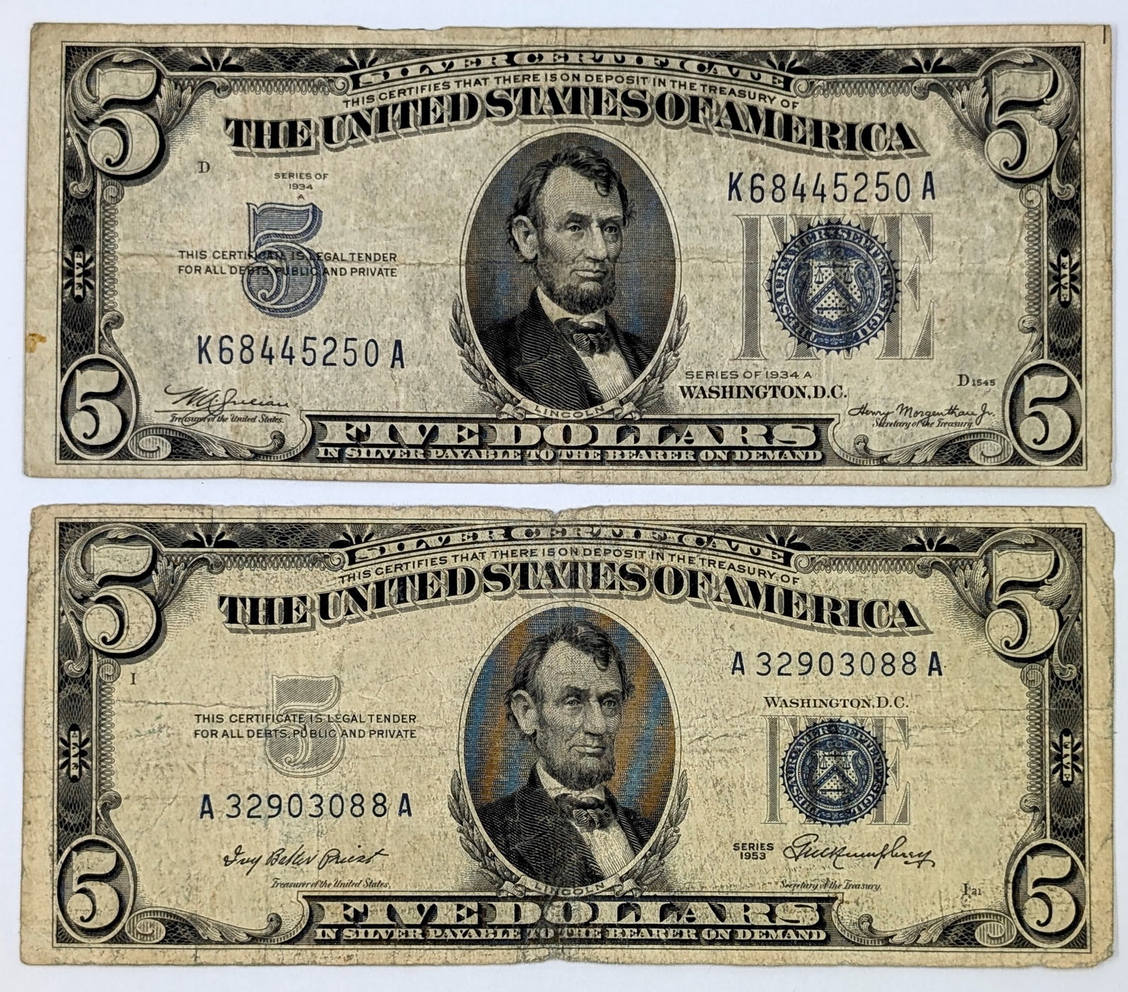 Lot of 2 $5 Notes - Silver Certificates- 1934 A & 1953: Circulated Condition