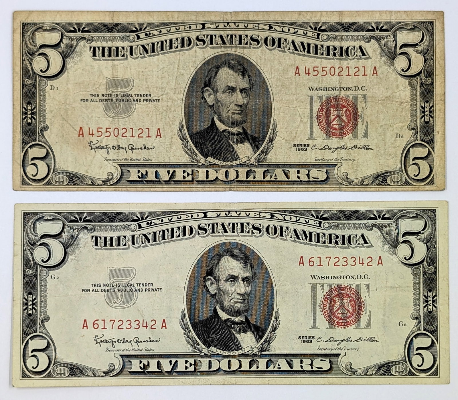 Lot of 2- 1963 $5 Notes - Red Seals: Circulated Condition