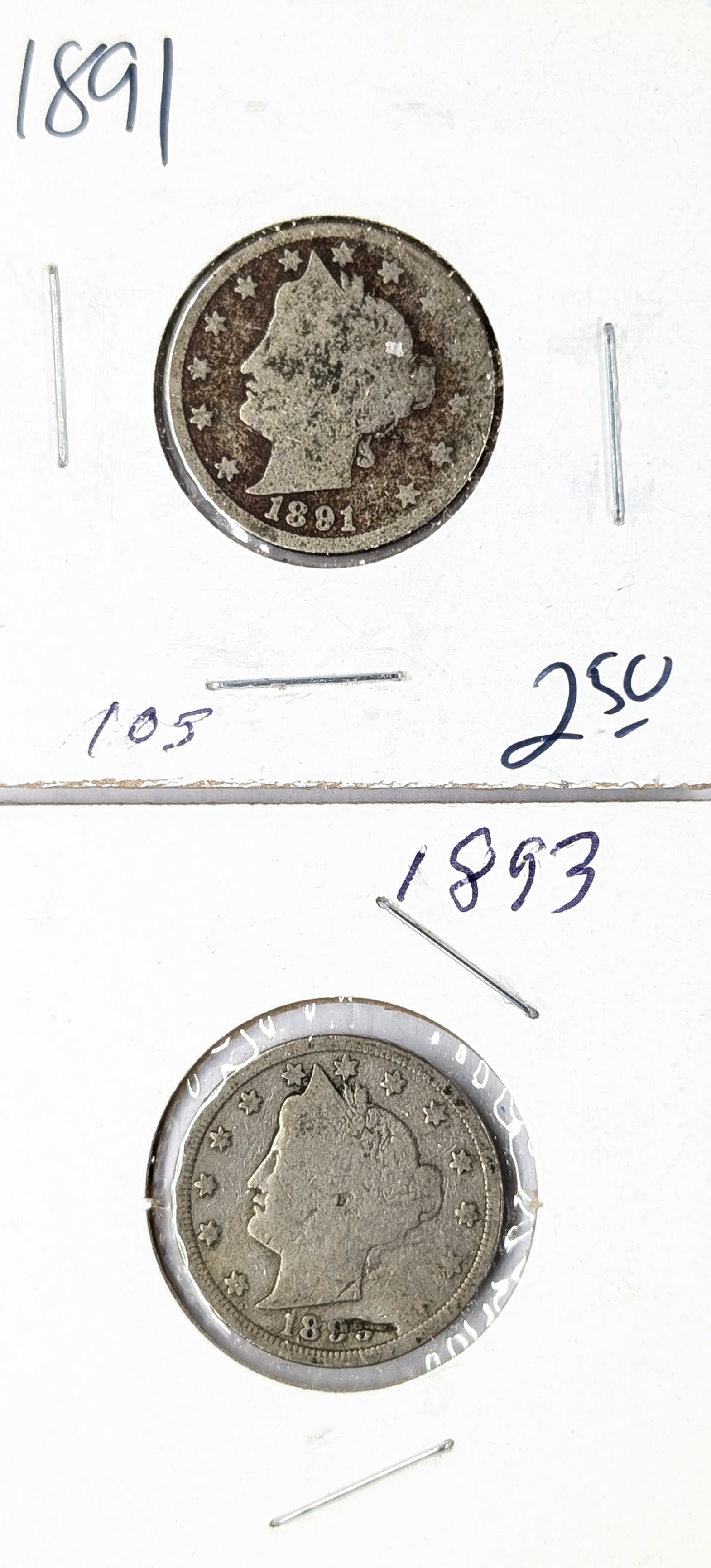 Lot of 2 Liberty V Nickels- 1891, 1893: _