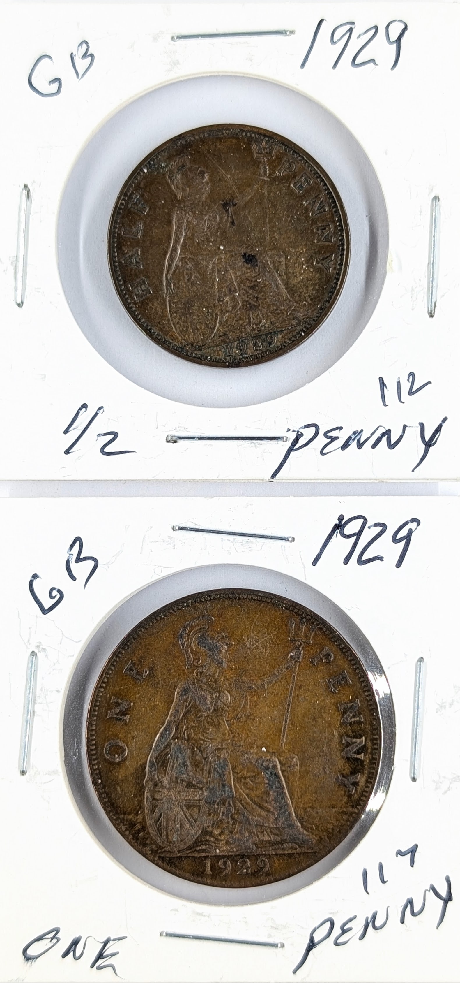 Lot of 2 Great Britain Pennies- 1929 Half Penny, 1929 One Penny: _