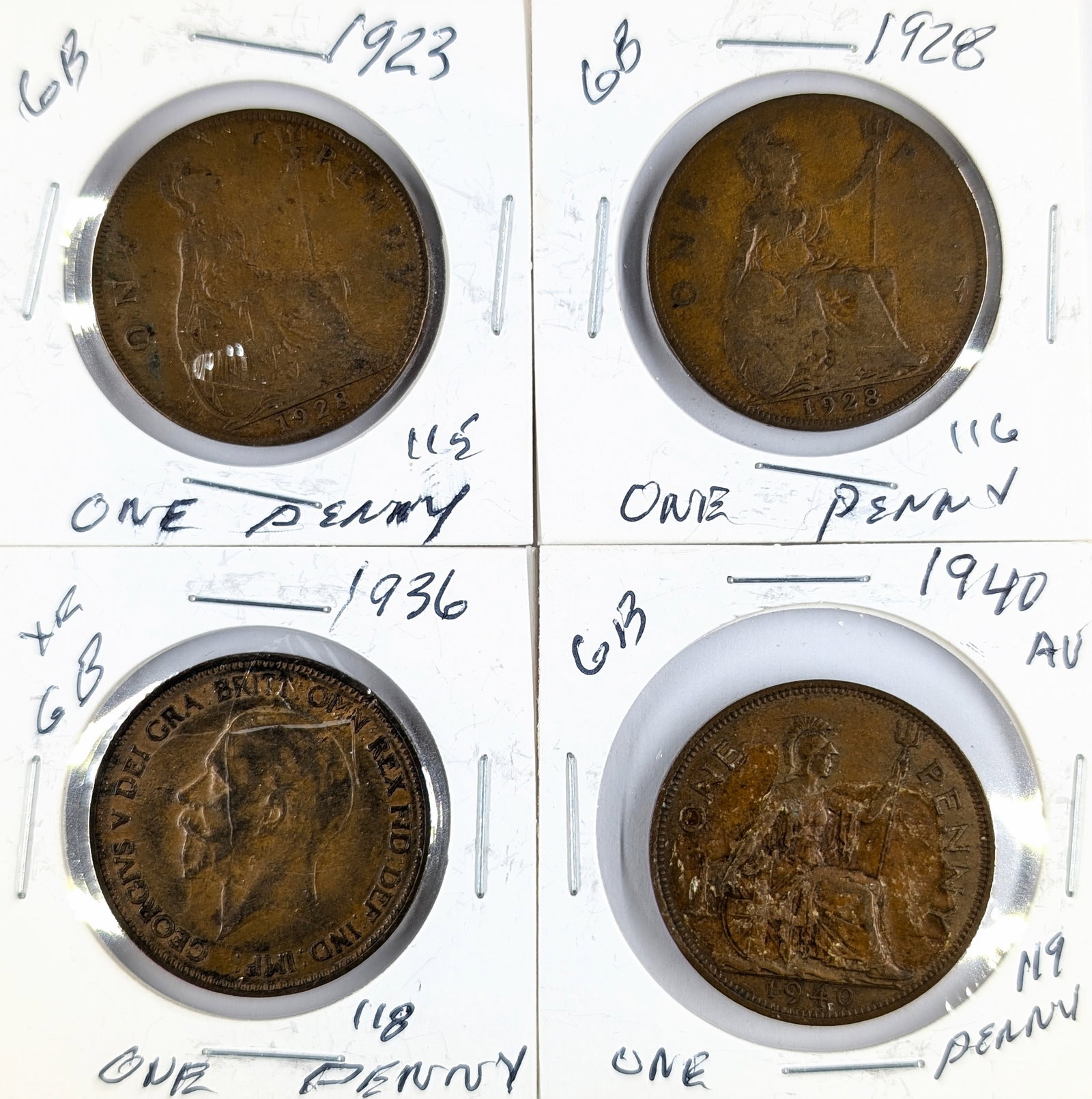 Lot of 4 Great Britain One Pennies- 1923-1940: _