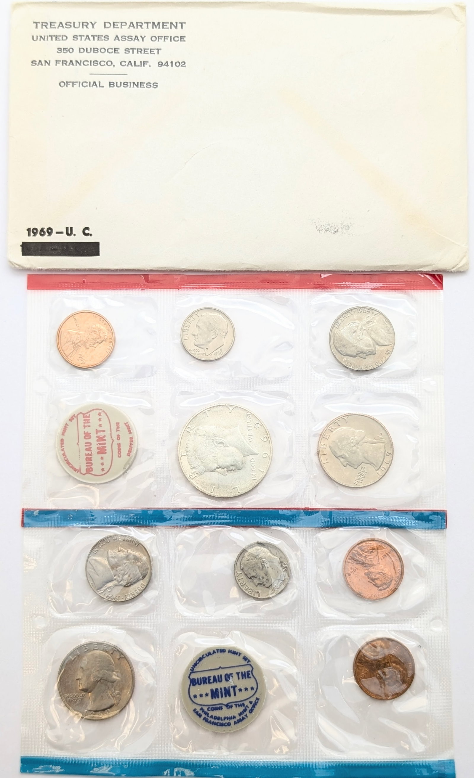 1969 US Mint Uncirculated Coin Set w/ Silver JFK Half: 40% Silver