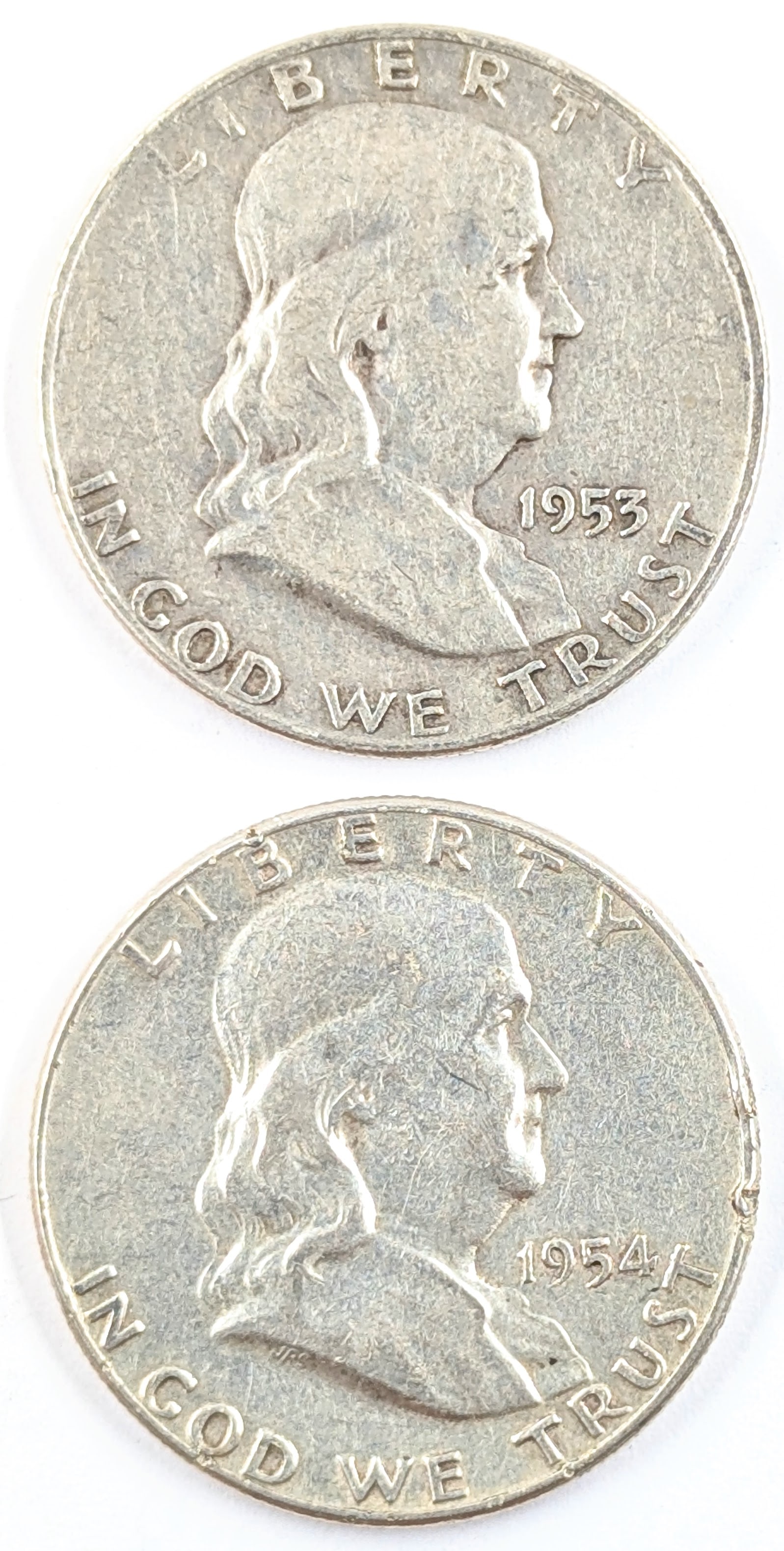 Lot of 2 Silver Franklin Half Dollars- 1953-D, 1954 (1 of 2)