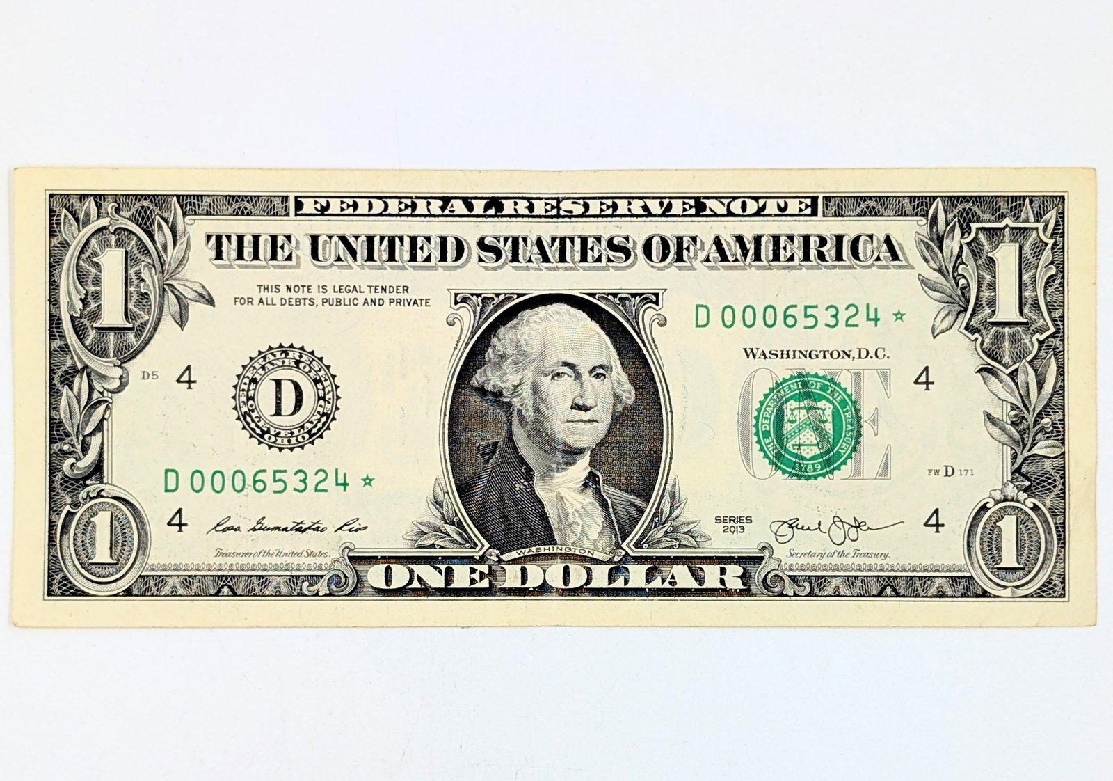 2013 $1 Star Note - Green Seal - Early Serial 00065324: Uncirculated