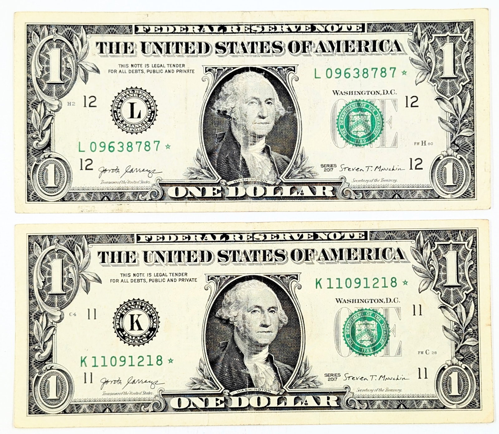 Lot of 2 - 2017 $1 Star Notes - Green Seals: Good Condition