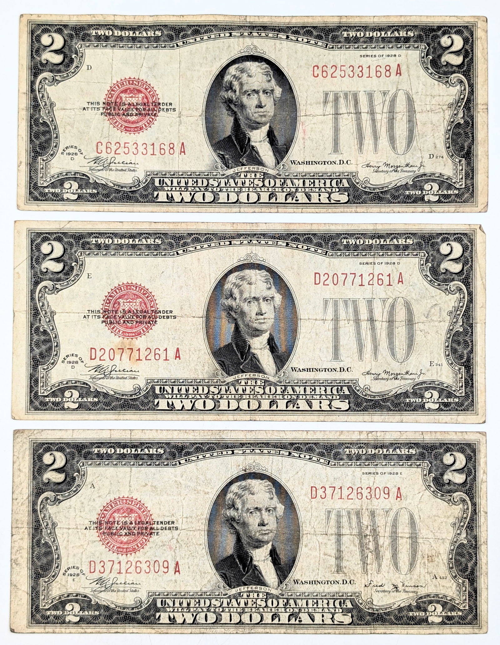 Lot of 3 - 1928 D/E $2 Notes - Red Seals (1 of 2)