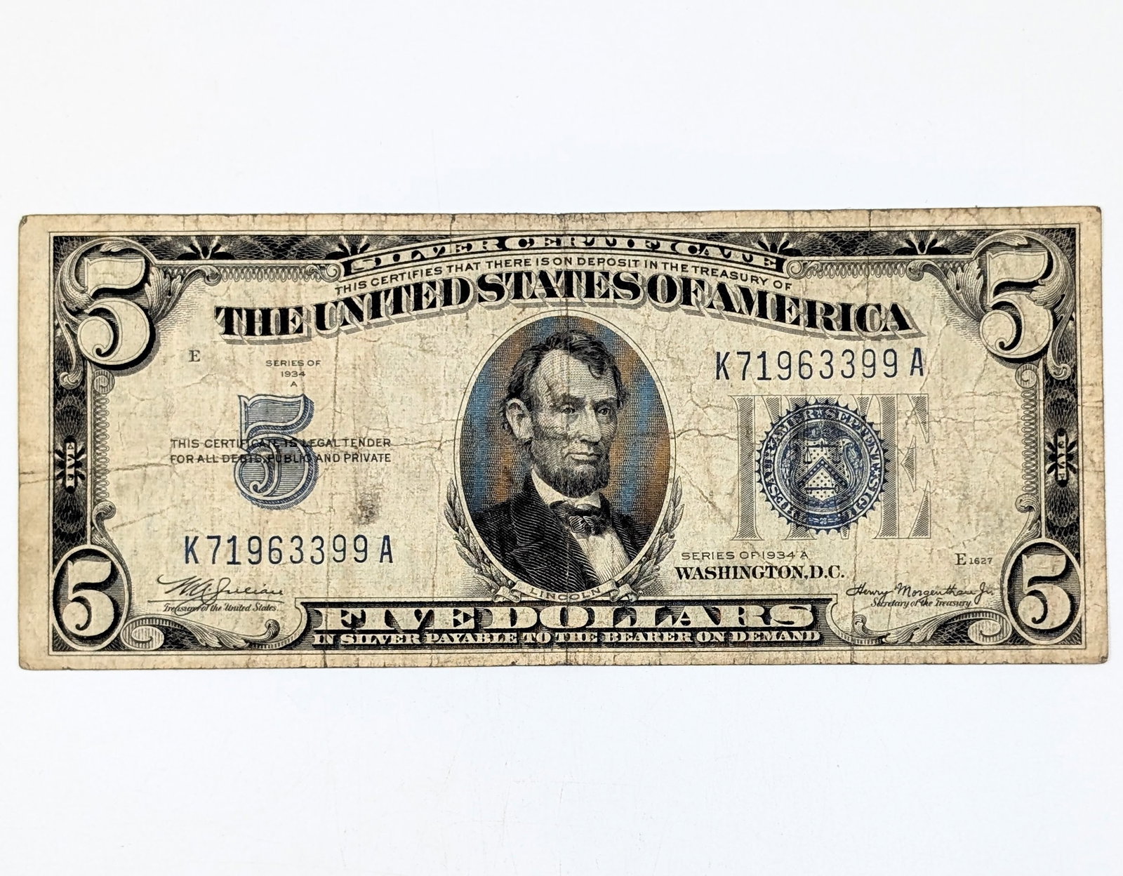 1934-A $5 Note - Silver Certificate: Heavily Circulated Condition