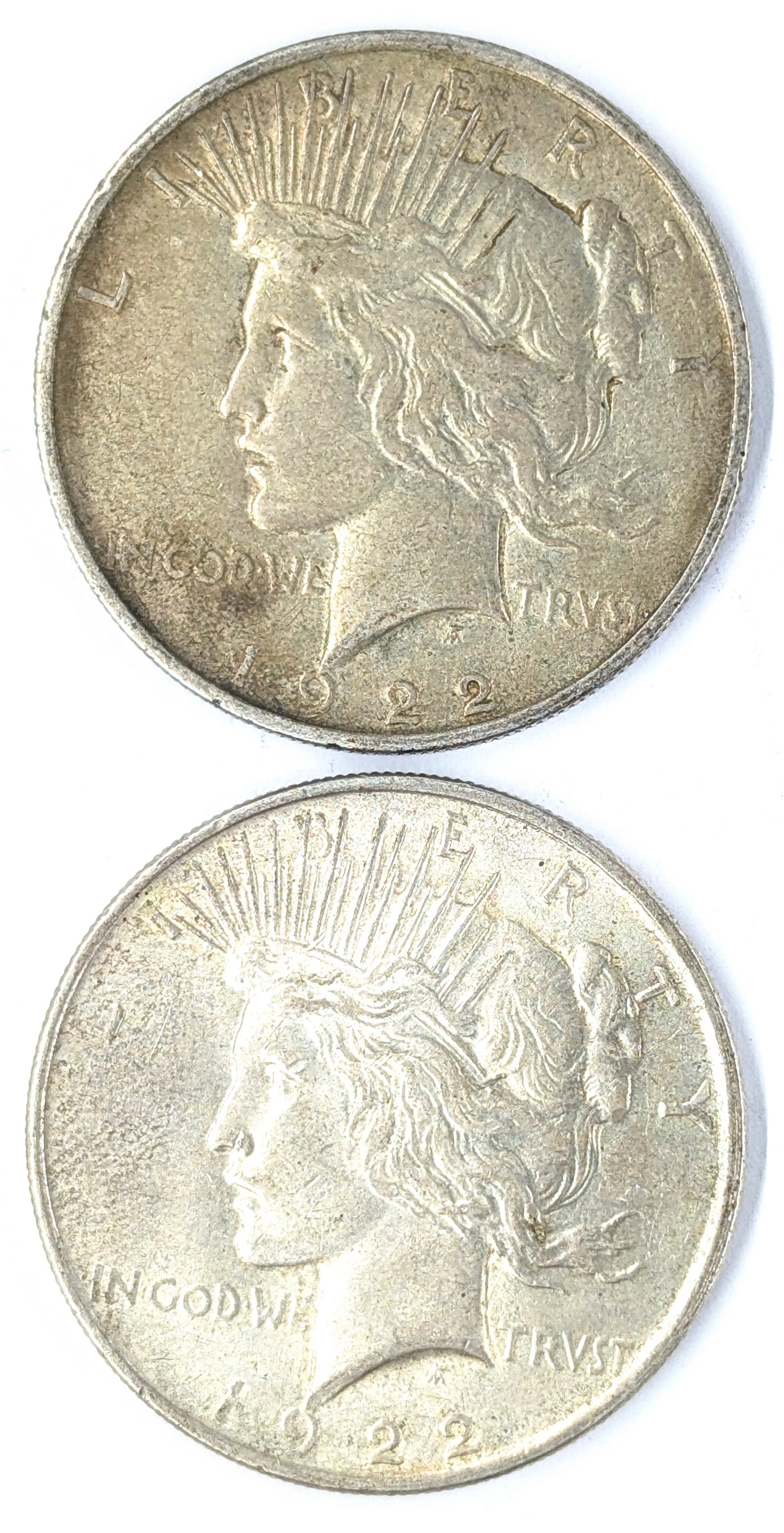Lot of 2 Silver Peace Dollars - Both 1922: Silver