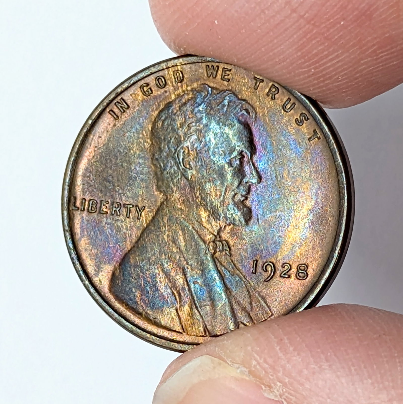 1928 Wheat Cent - Beautiful Rainbow Toning: Coin