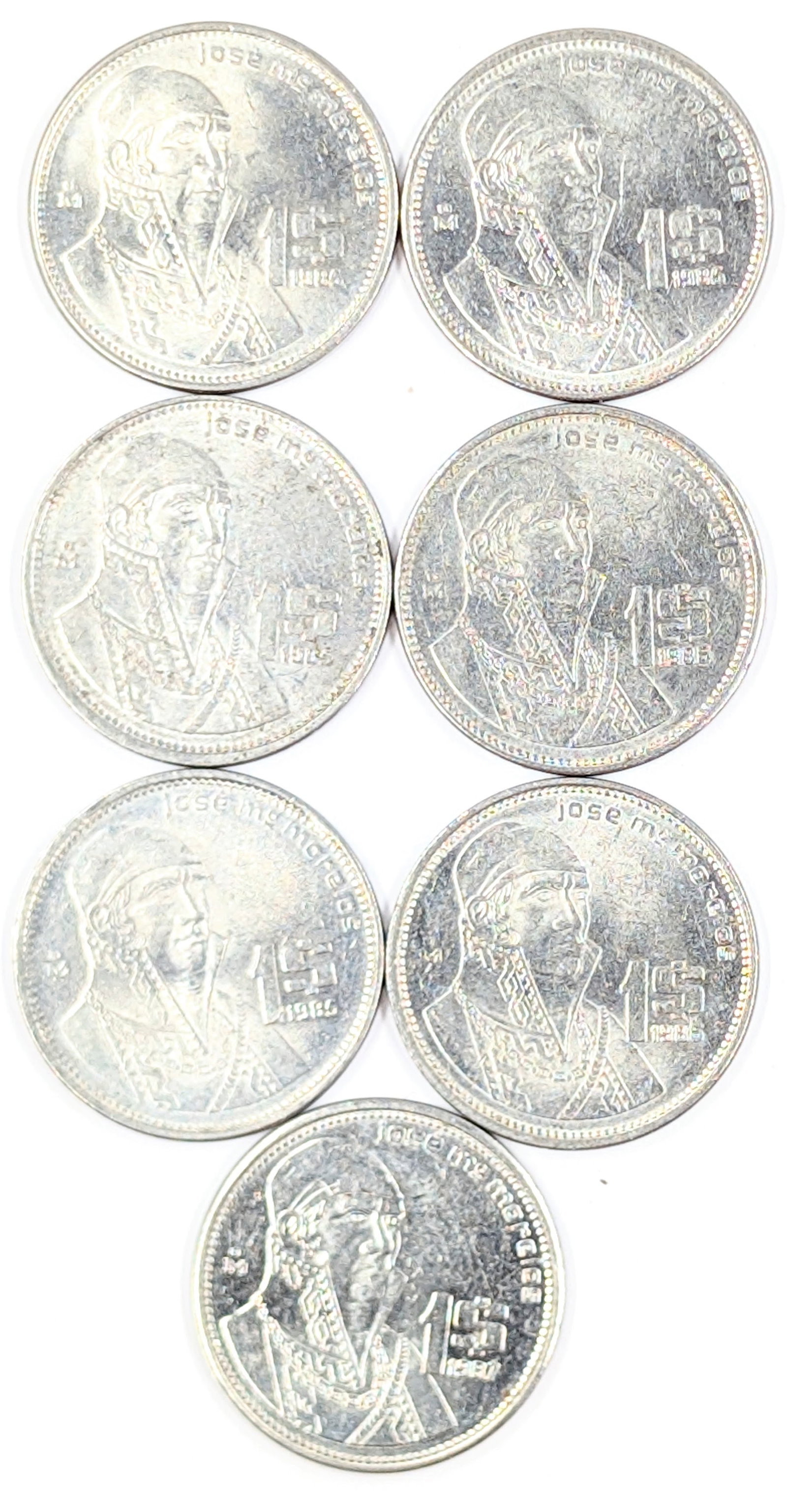Lot of 7 1986 Mexican 1 Peso Coins: Most Uncirculated