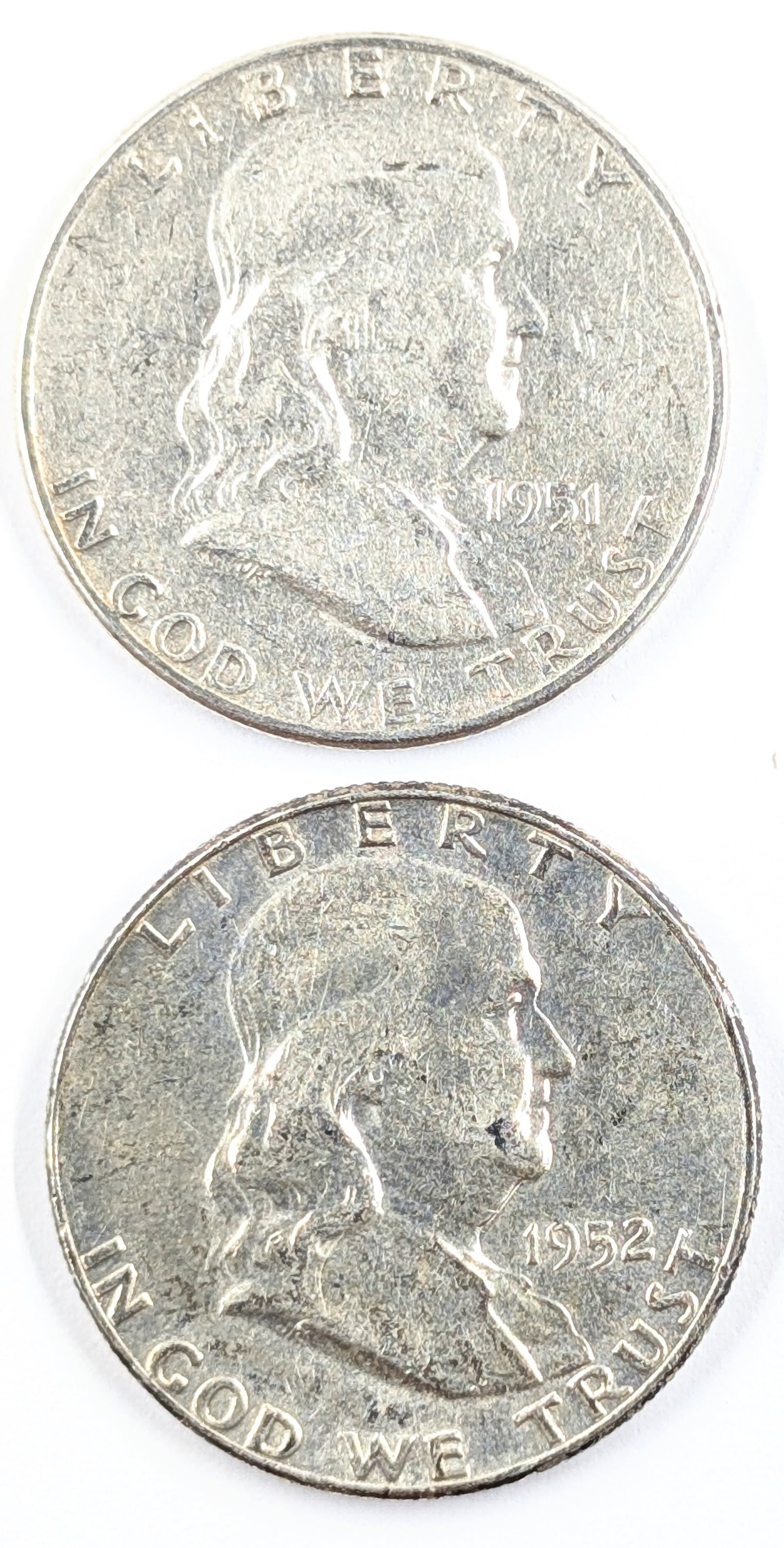 Lot of 2 Silver Franklin Half Dollars- 1951, 1952: Silver
