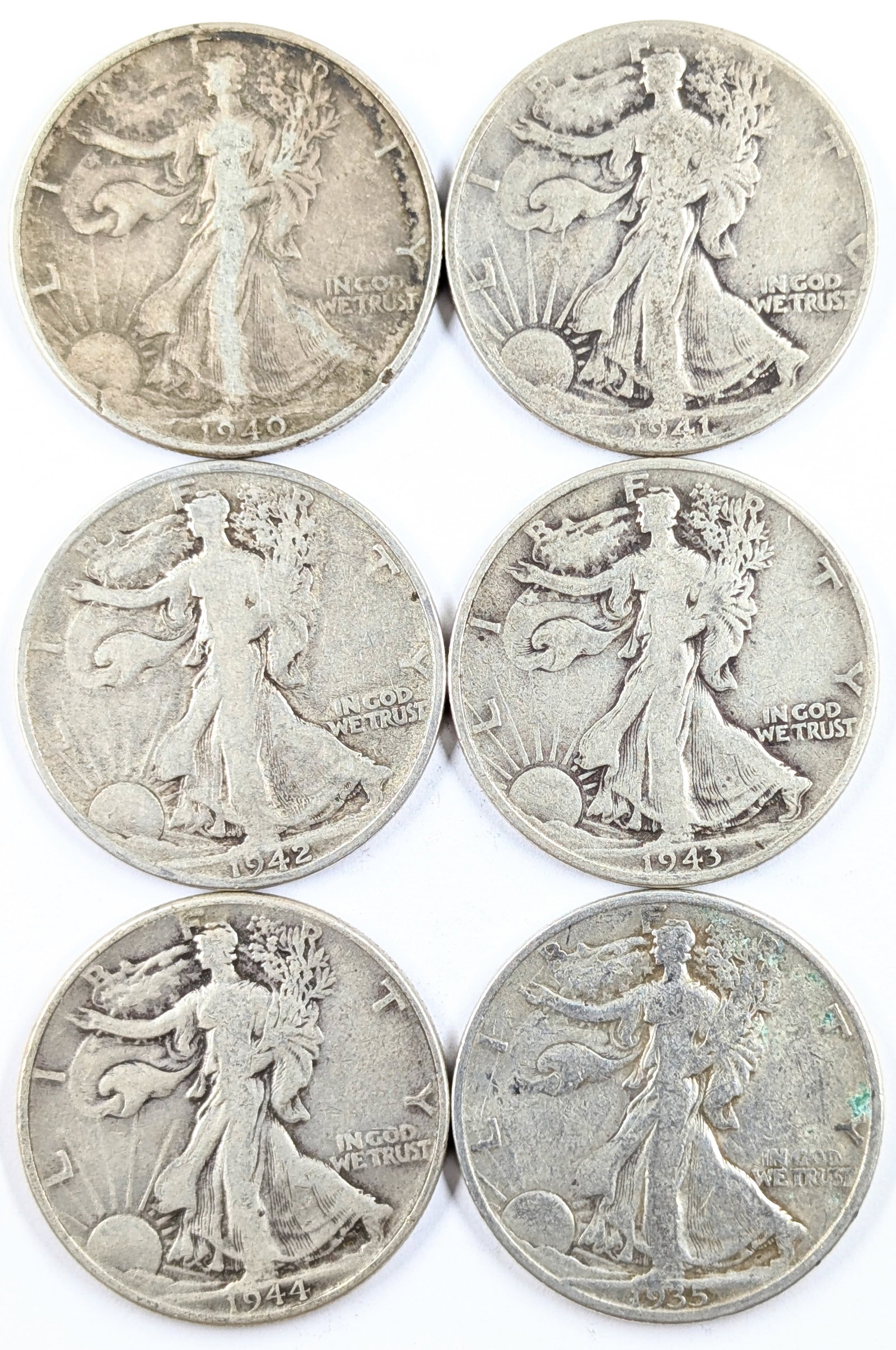 Lot of 6 Silver Walking Liberty Half Dollars- 1940-1944: Silver
